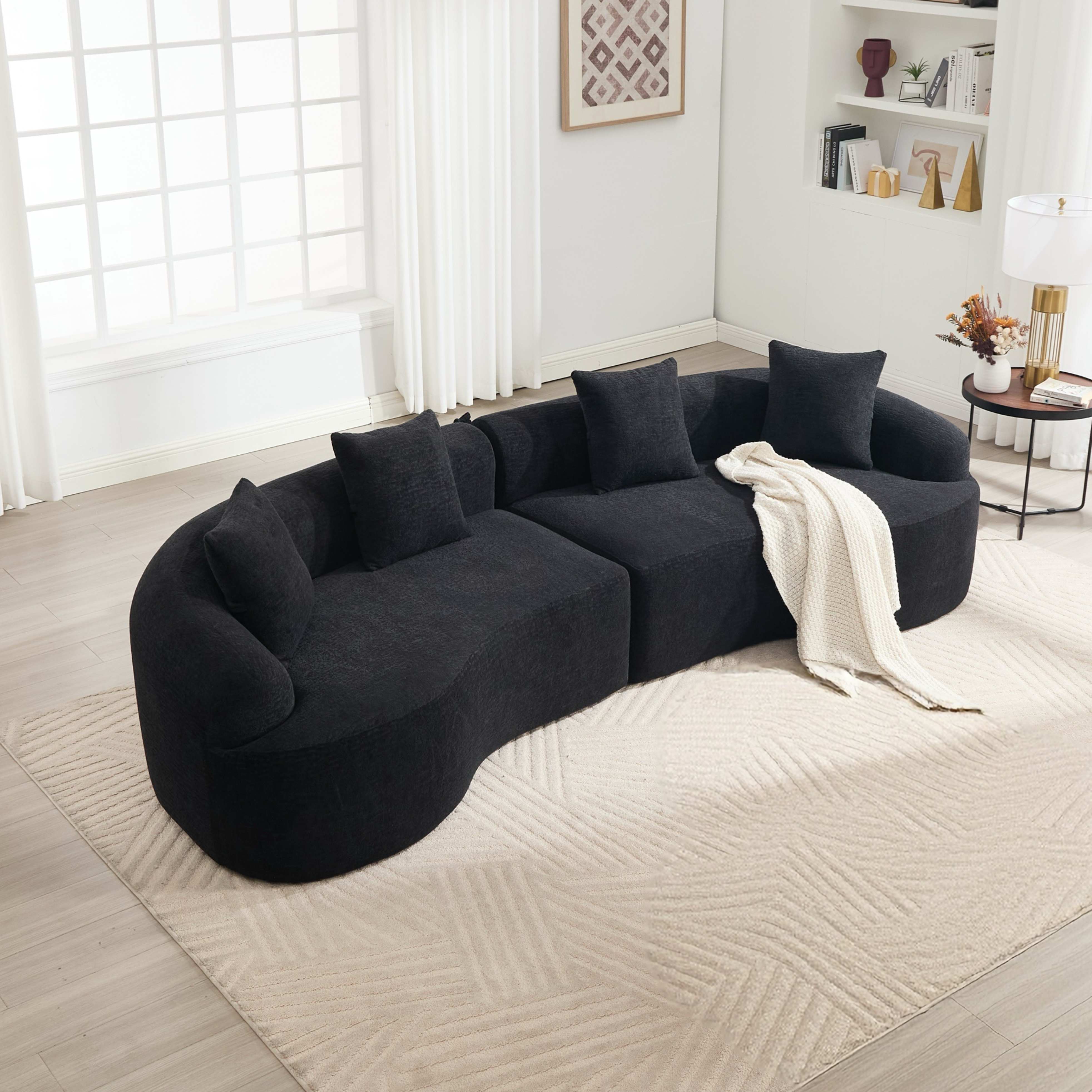 Sofá seccional modular curvo negro de chenilla de alta densidad, sofá cama