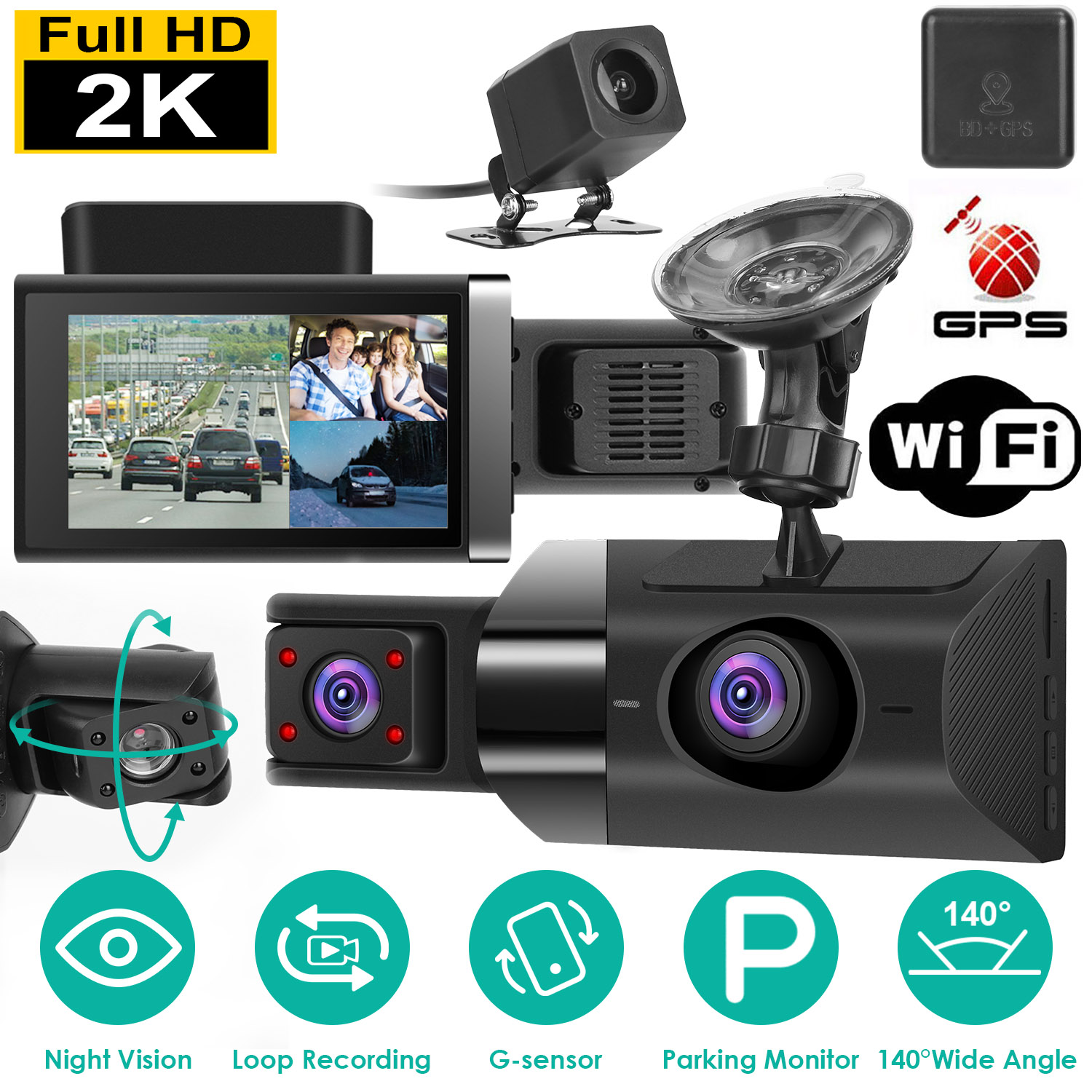 2K Car DVR 3 Channel Dash Cam Camcorder Camera Recorder With 140 Degree Angle GPS WiFi Night Vision G-sensor Loop Recording Parking Monitor