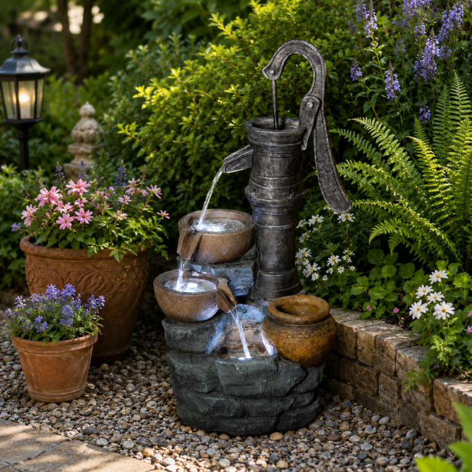 Fuente exterior grande de 32 pulgadas con bomba vintage para jardín y patio