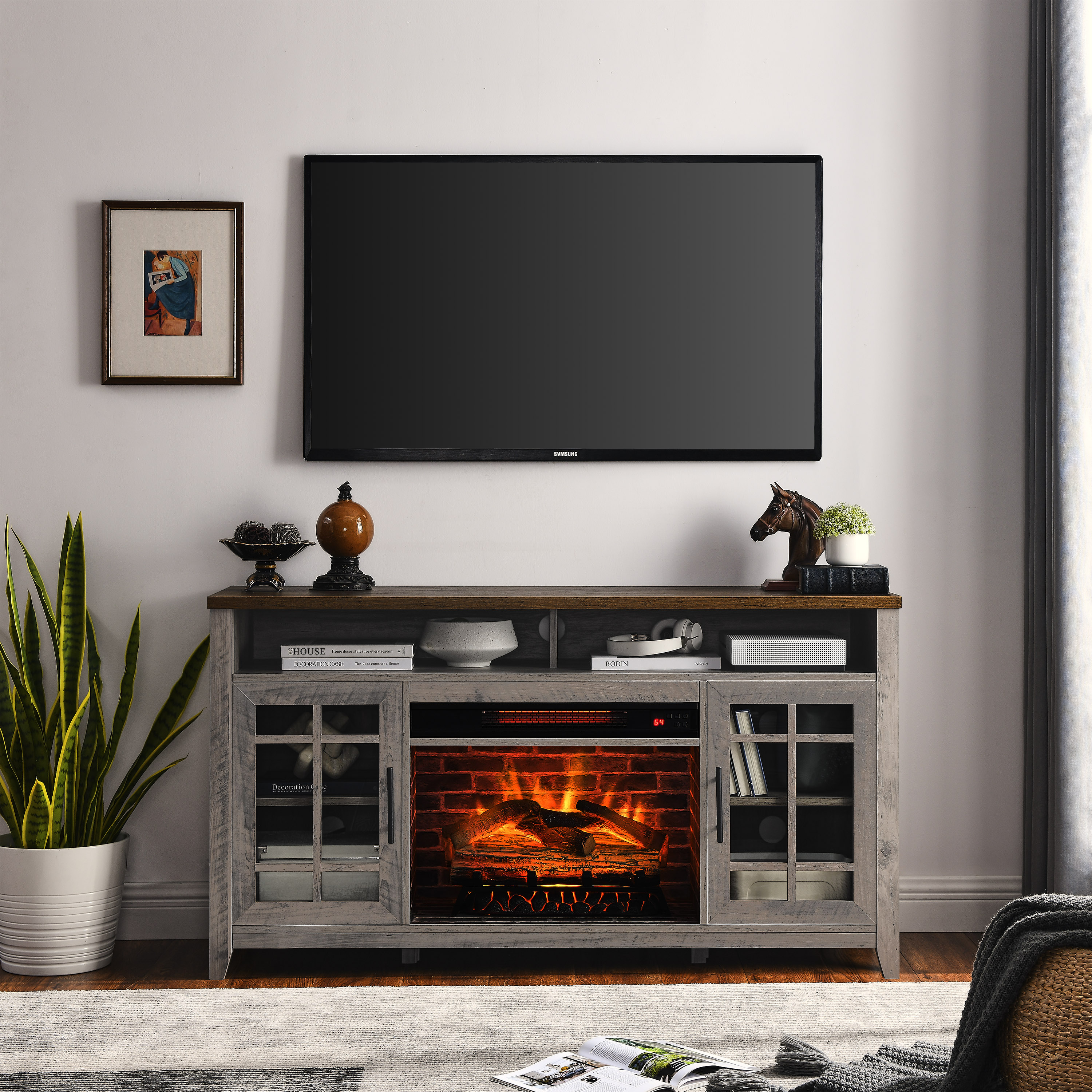 Mueble para TV de 55 pulgadas con chimenea eléctrica, gris lavado