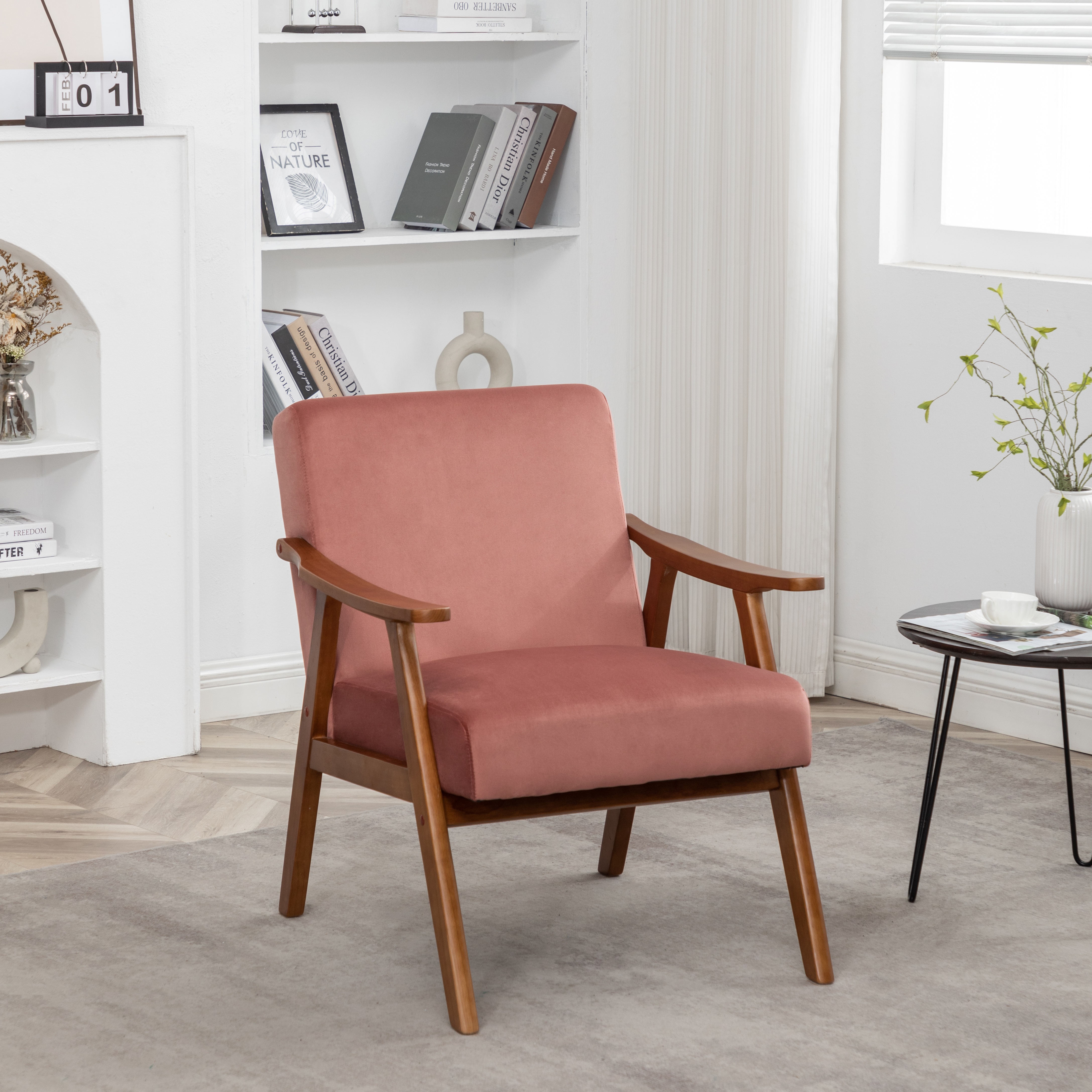 Accent Chair With Velvet Upholstery And Solid Wood Frame, Classic Mid-Century Modern Living Room Furniture For Extra Seating, Rose
