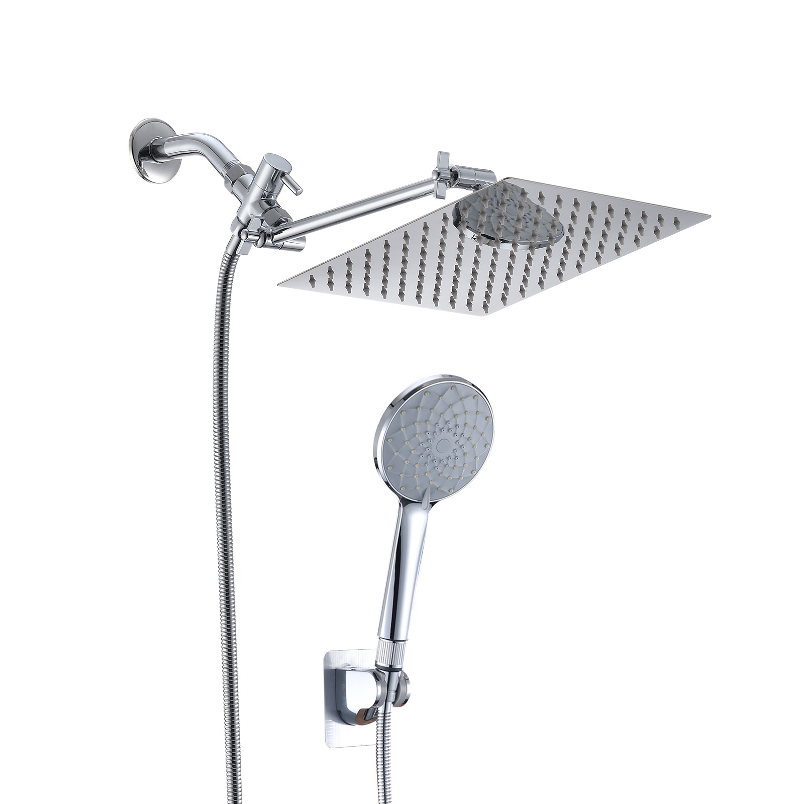 Chrome Shower Head, 10 Inch High Pressure Rainfall Shower Head Handheld Shower Combo With 11 Inch Extension Arm, 6 Settings Adjustable Anti-leak Shower Head With Holder Hose, Height Angle Adjustable