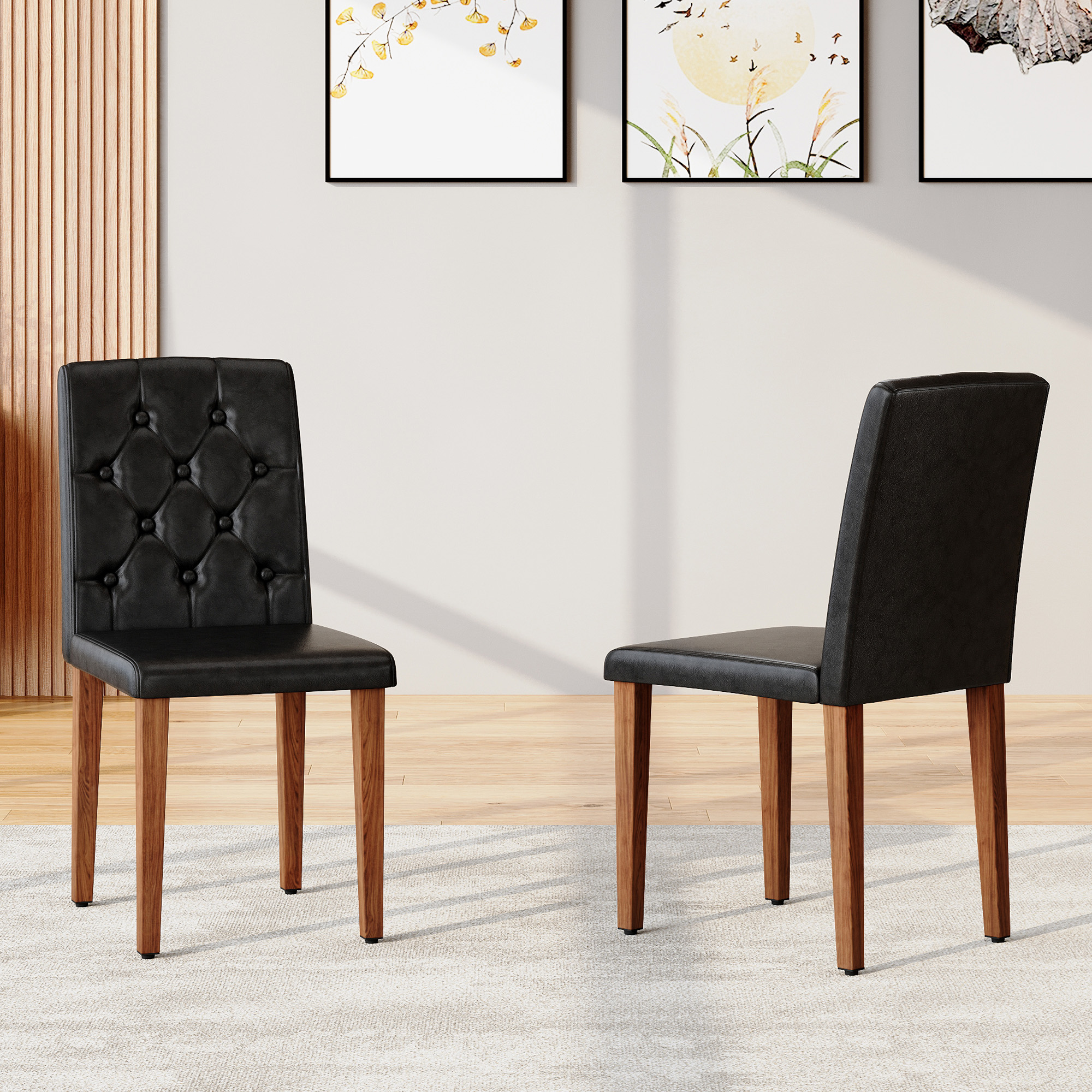 Juego de 2 sillas de comedor PU negras, respaldo ergonómico, 35 pulgadas de alto
