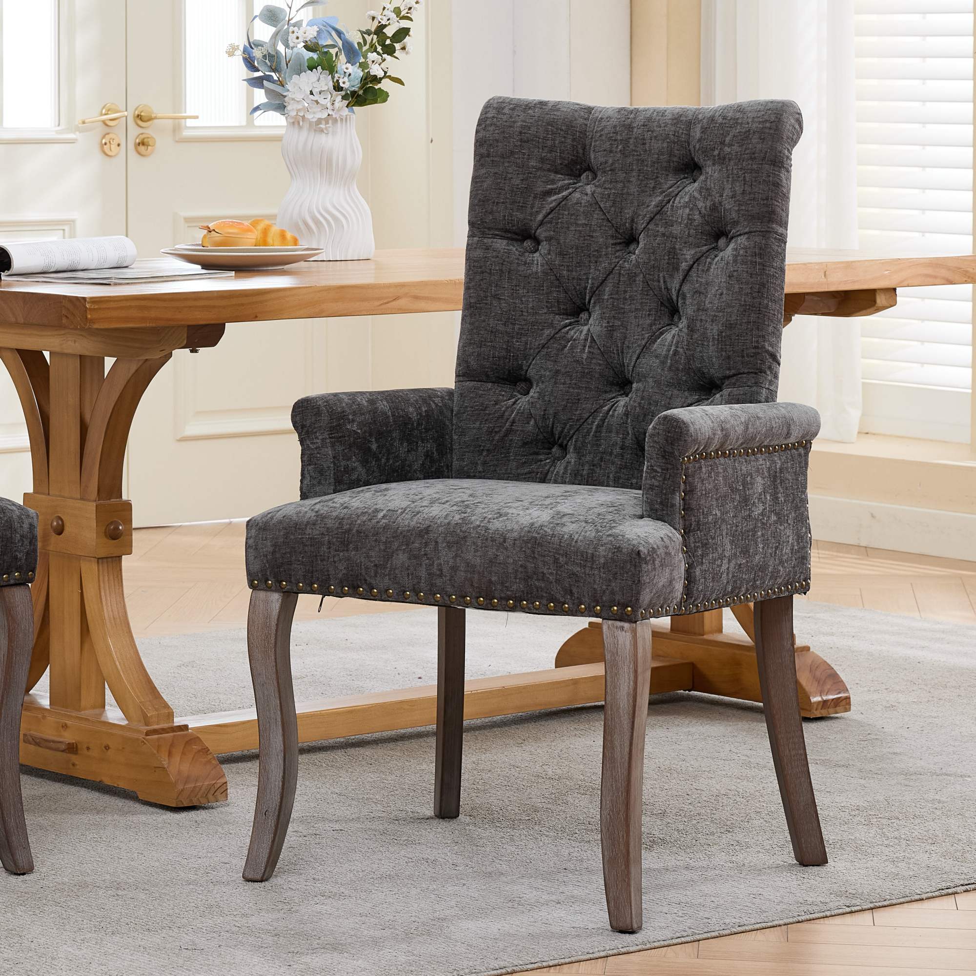 Silla de Comedor Tapizada en Chenilla, Patas de Madera Curvas, Capitoné, Gris SW1895GY