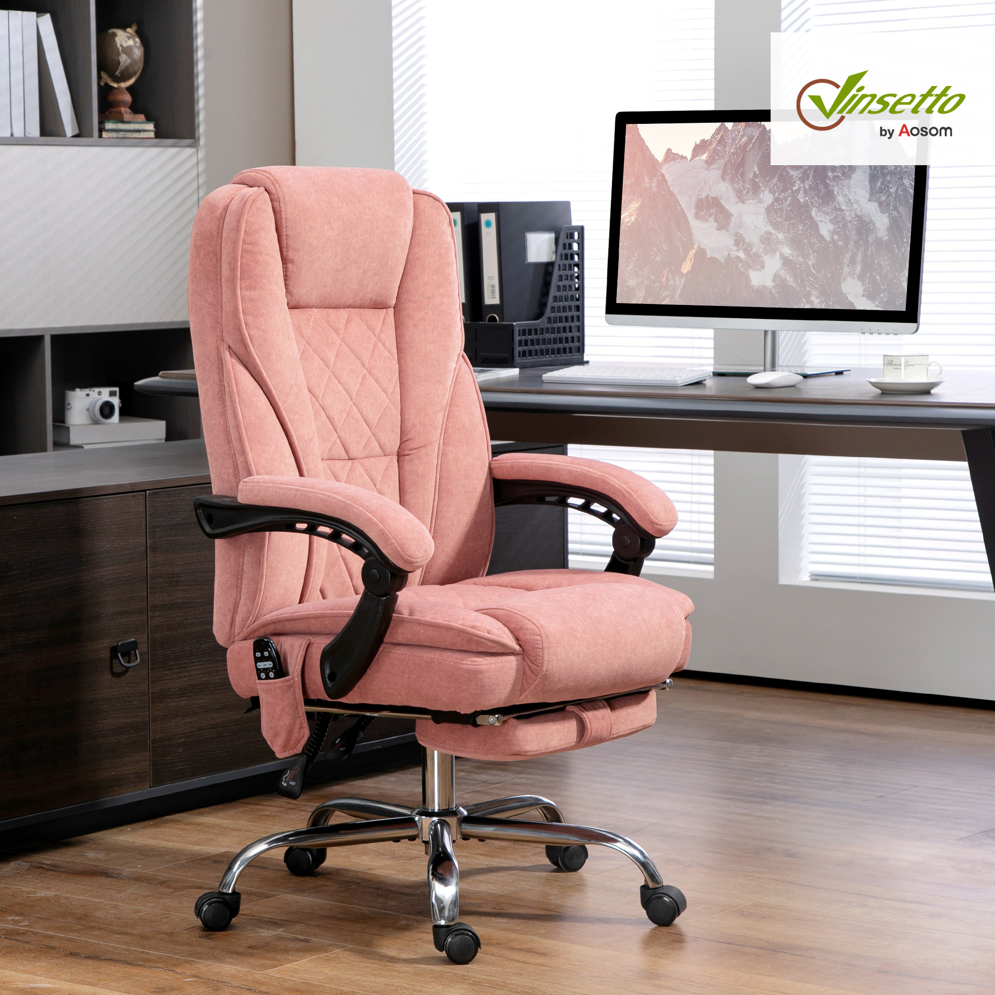 Silla de oficina con masaje, calefacción, reclinable, altura ajustable y reposapiés, rosa