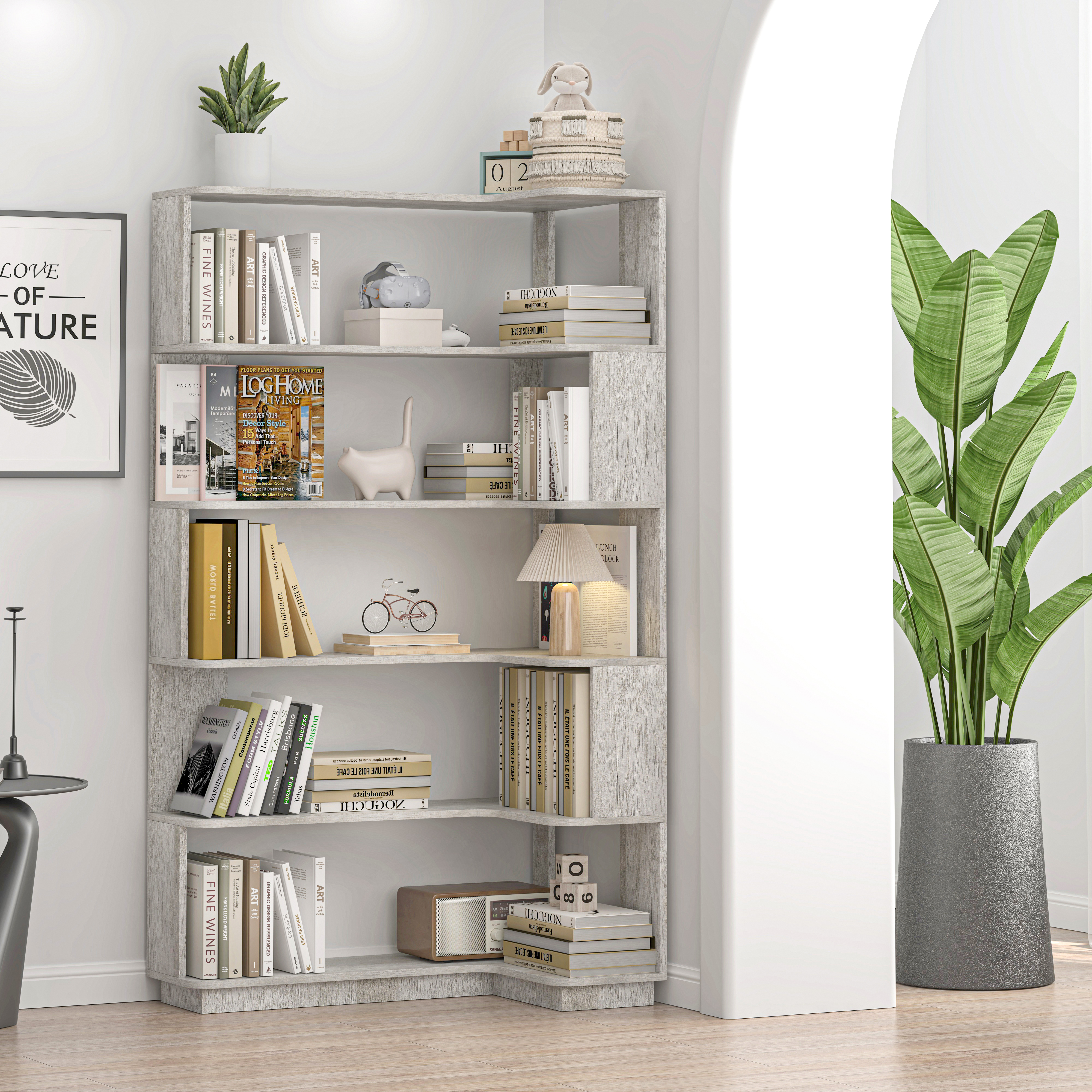 90cm   35.43in   Extended Size Freestanding Corner Bookshelf For Living Room, Bedroom, Home Office, Wooden Bookcase With Anti-drop Panel And Anti Tipping Device, Open Storage Display Cabinet 5 Colors