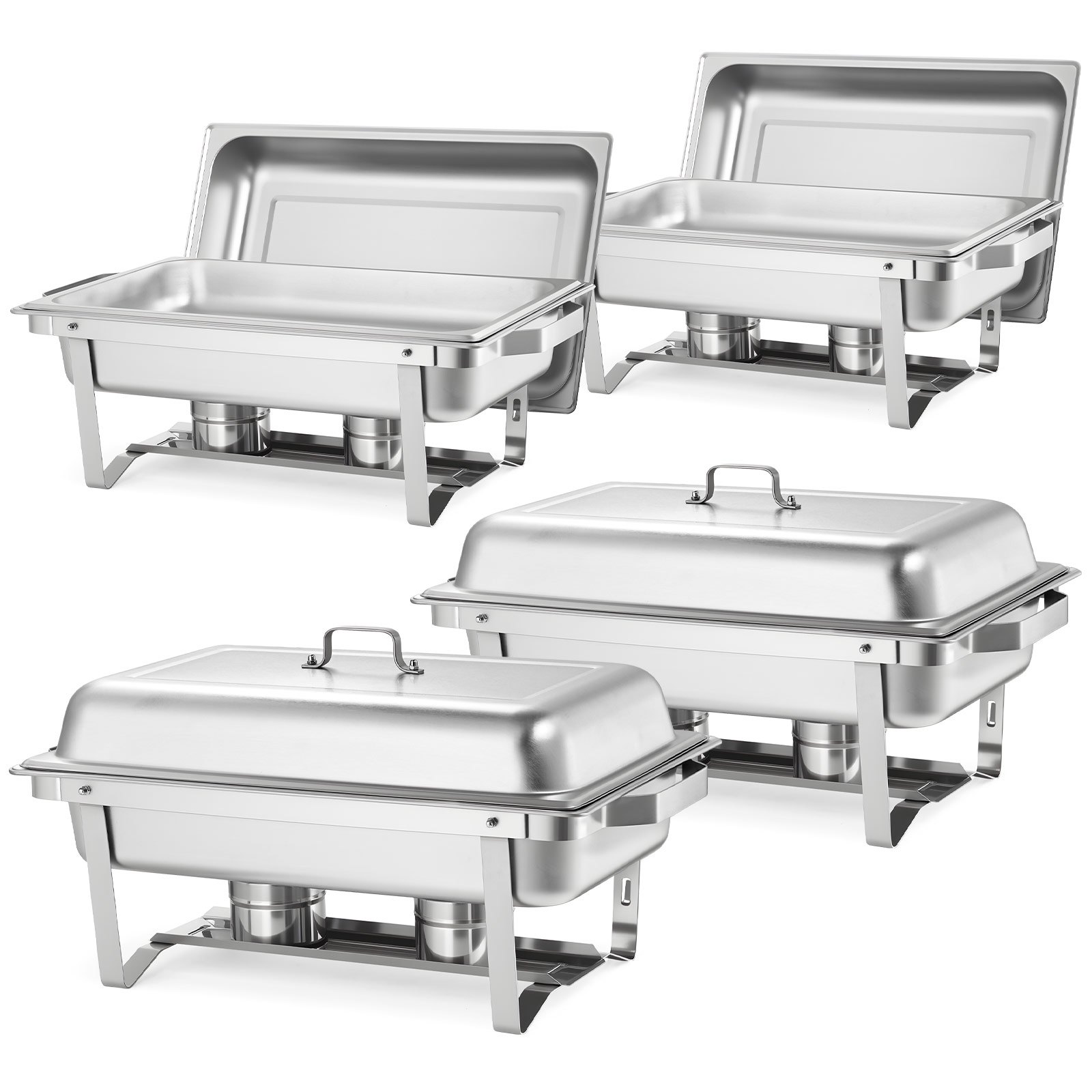 Rectangle Chafing Dish, 9 Qt 4 Pack Stainless Steel Chafing Dish, Food Warmer Chafer Complete Set With Hollow Handle, 2 Food Tongs, Lid, Fuel Holder, Chafer Dishes For Banquet Party Wedding