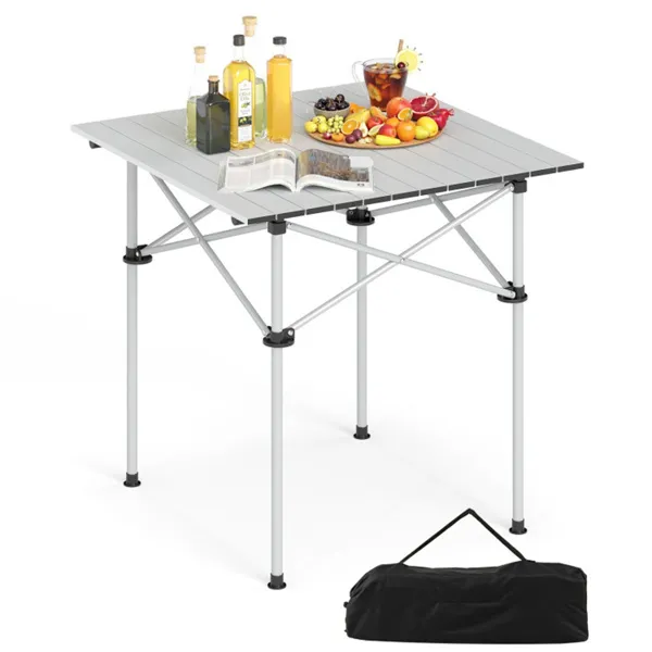 Mesa de camping plegable de 28 pulgadas, aluminio, 150 libras, plateada