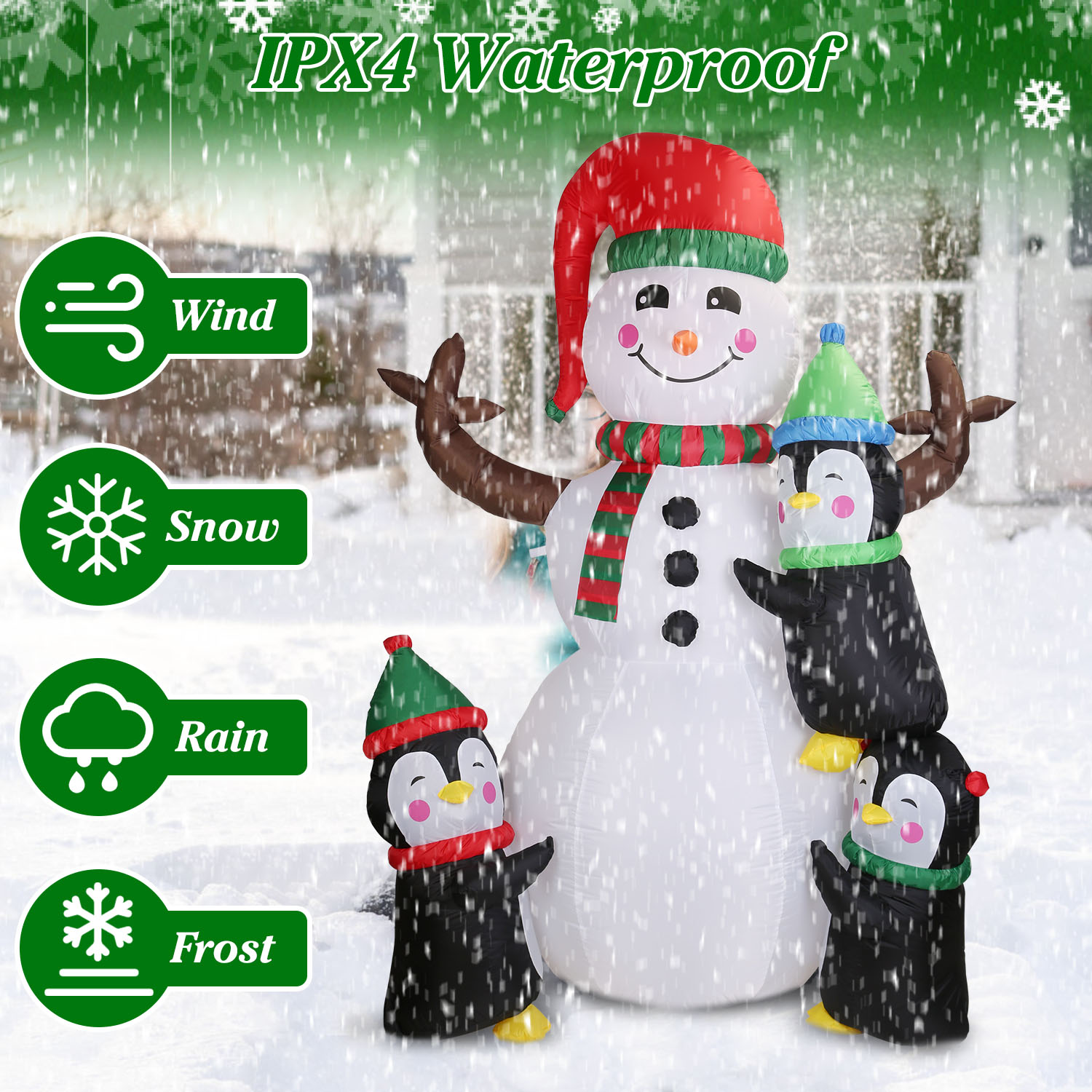 Inflable navideño de 5.9 pies con muñeco de nieve y pingüino, luz LED y soplador para exterior