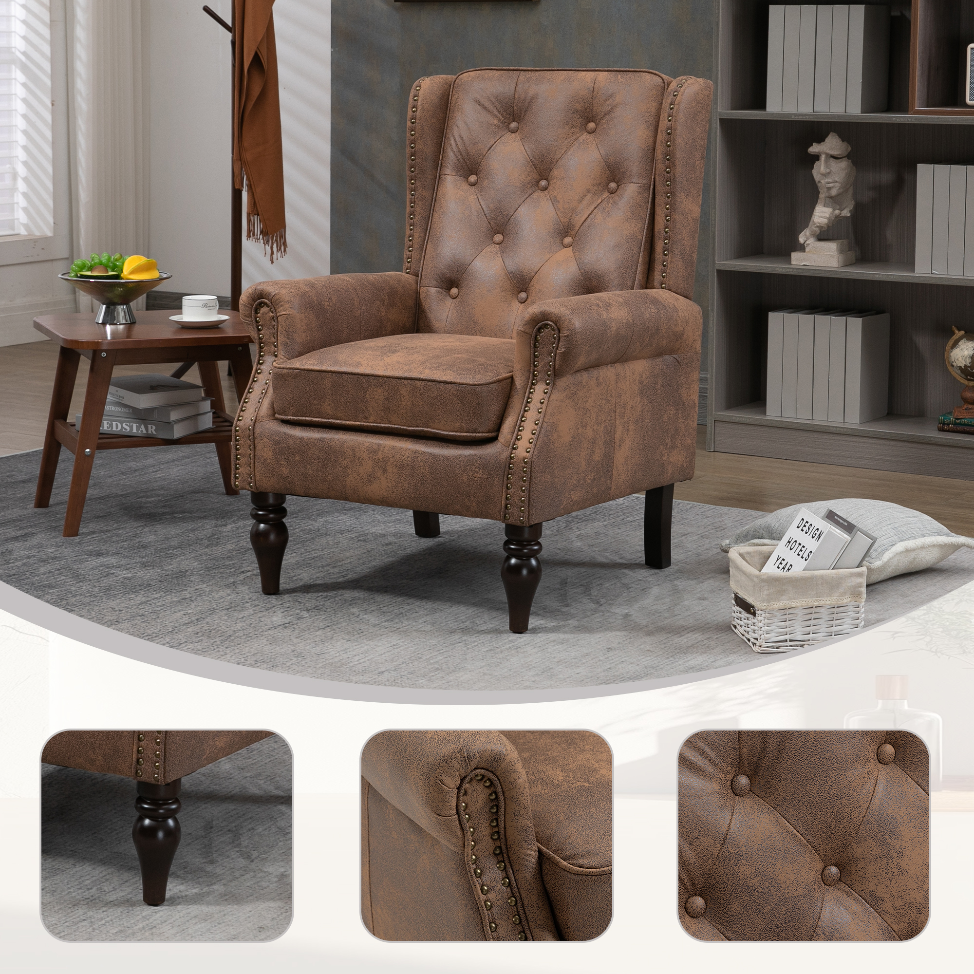 Sillón moderno con estructura y patas de madera resistentes, color café