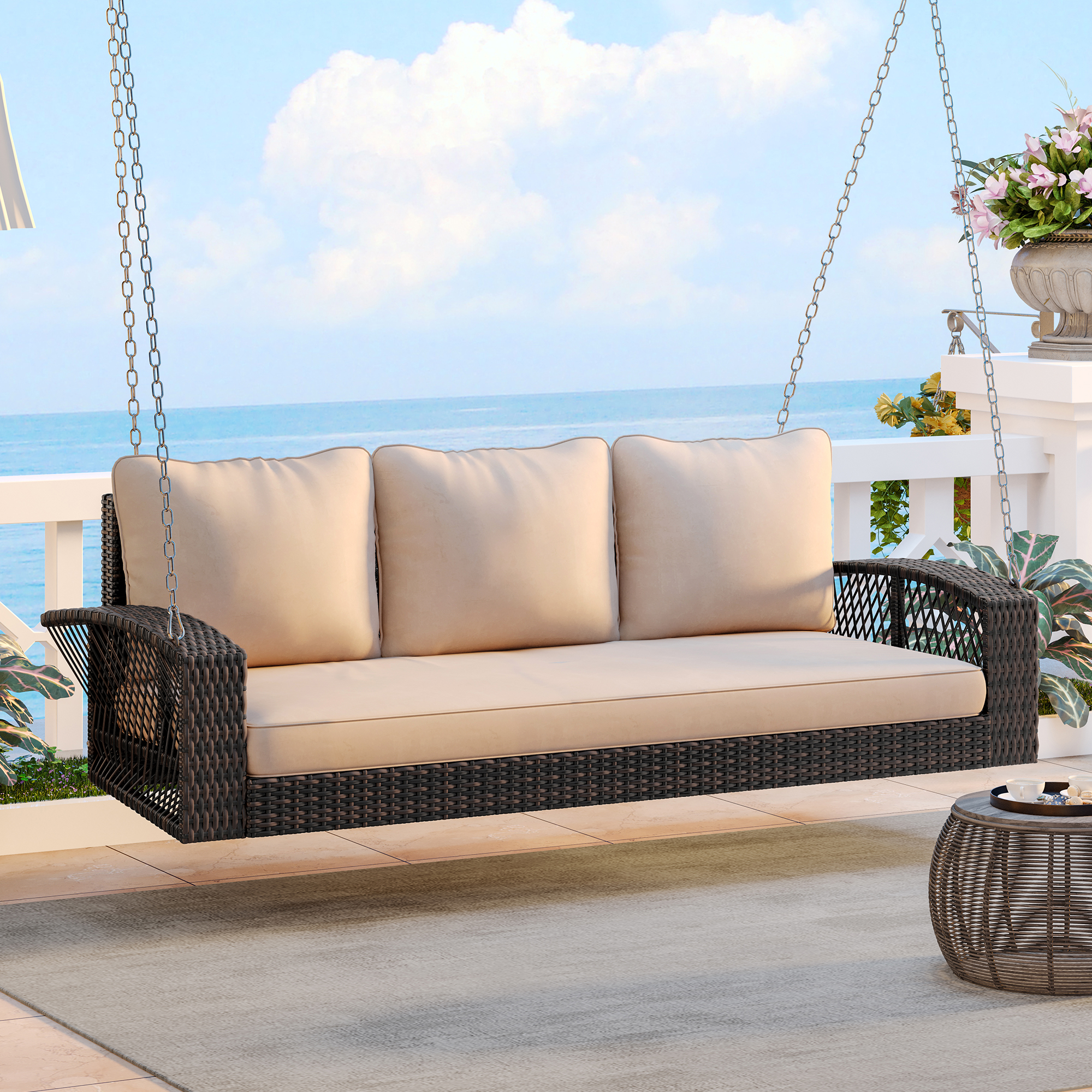 GO 69 PE Wicker 3-Person Porch Swing With Chains, Large Patio Swing Bench With Cushions For Backyard, Garden, And Poolside, Brown