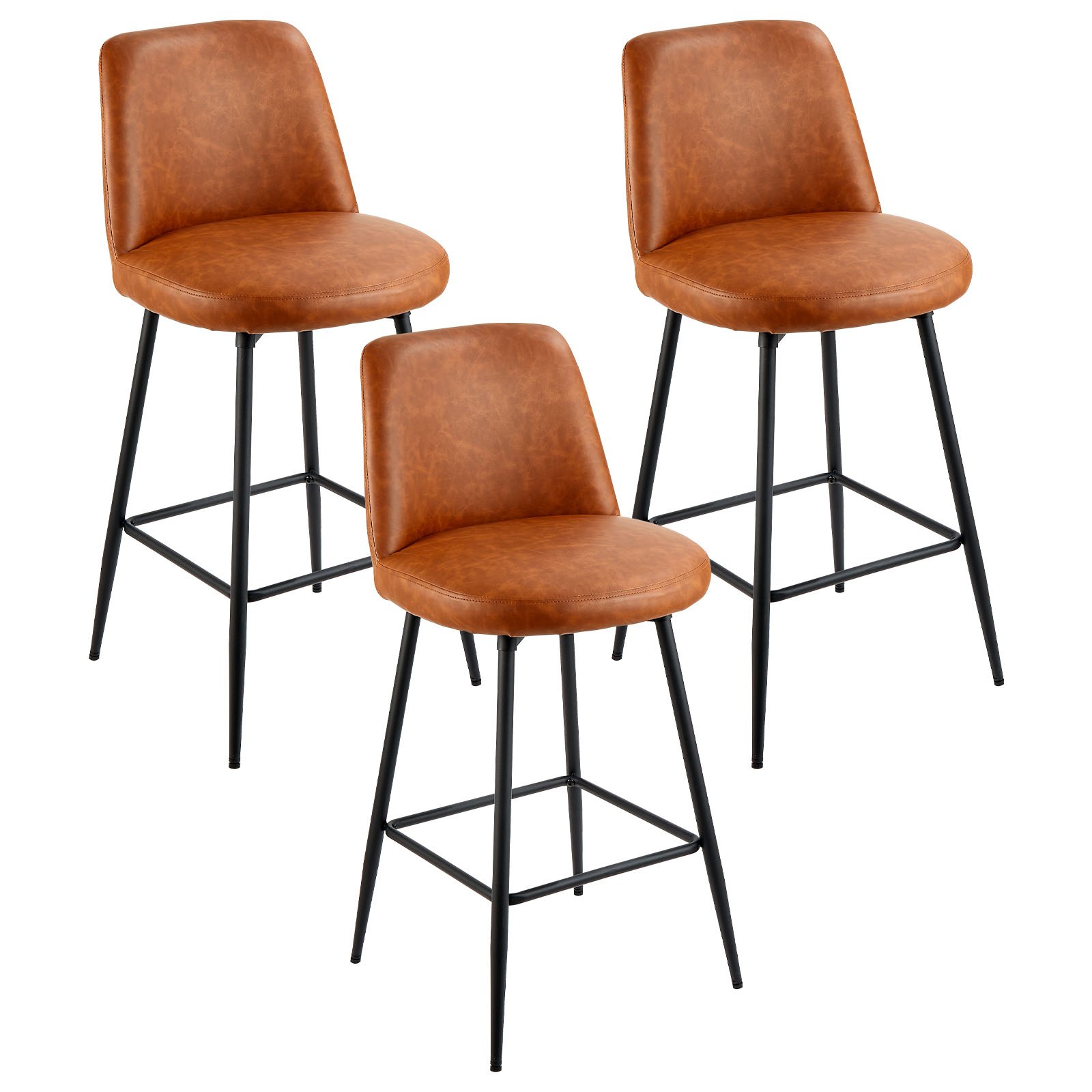 Juego de 3 taburetes de bar giratorios de 27 pulgadas, cuero PU, respaldo, Marrón