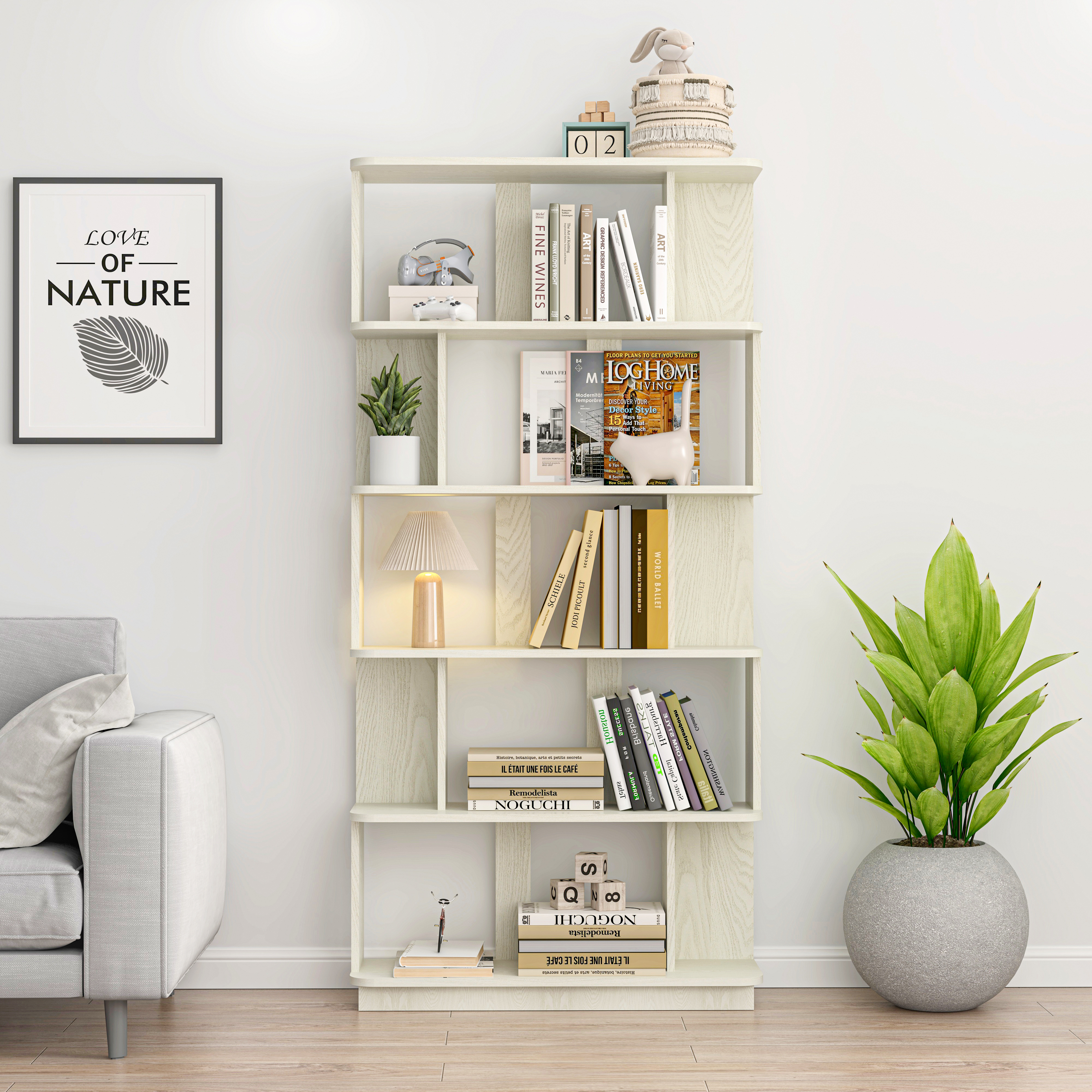 31.5L X 64.56 H Free Combination Bookshelf Modern 5-Tier Open Storage Bookcase MDF Wood Display Shelving For Living Room Home Office Bedroom Decor Organizer, Media Storage Shelves