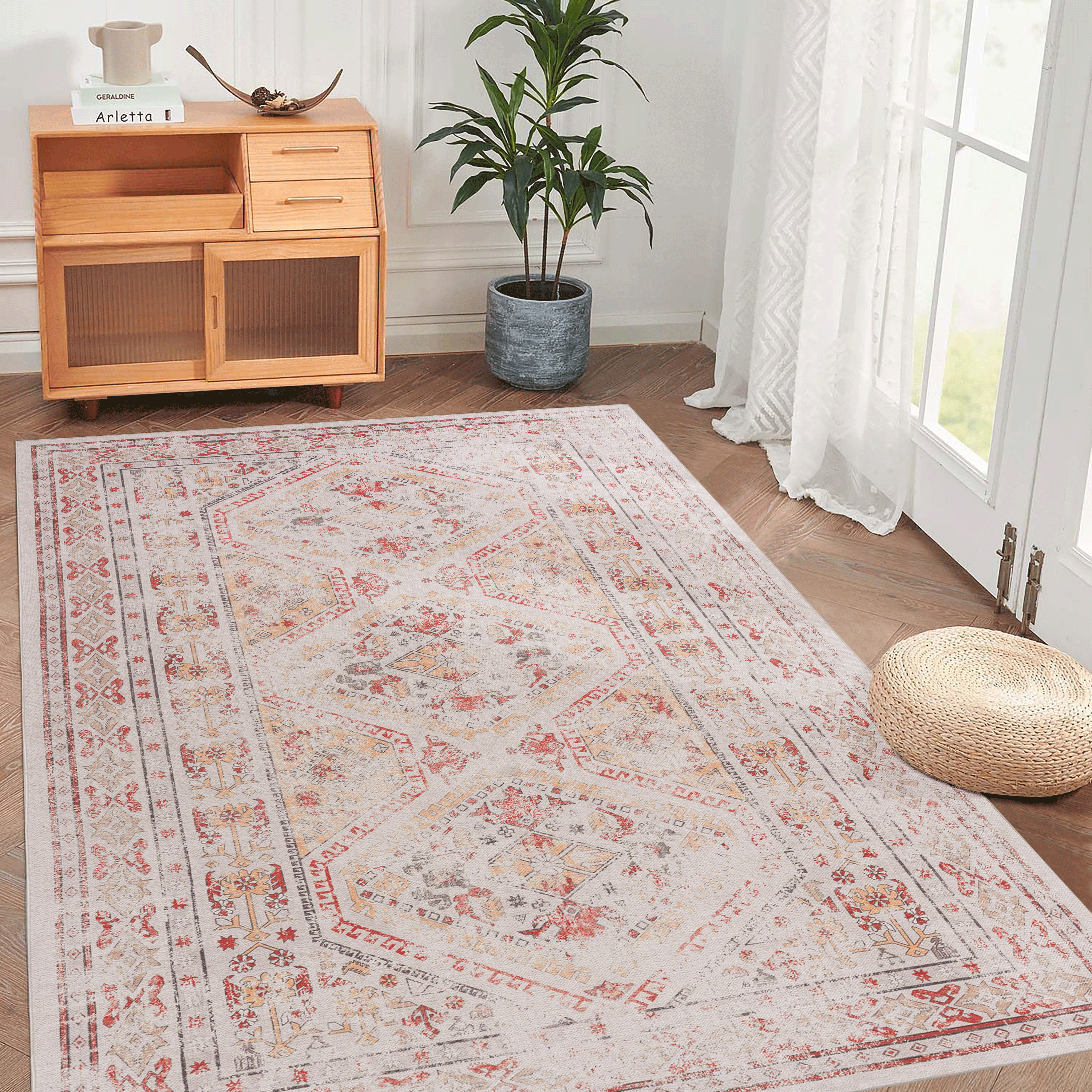 MAVAL Beige Washable Rug 8x10 Area Rug  Beige, 8' X 10'
