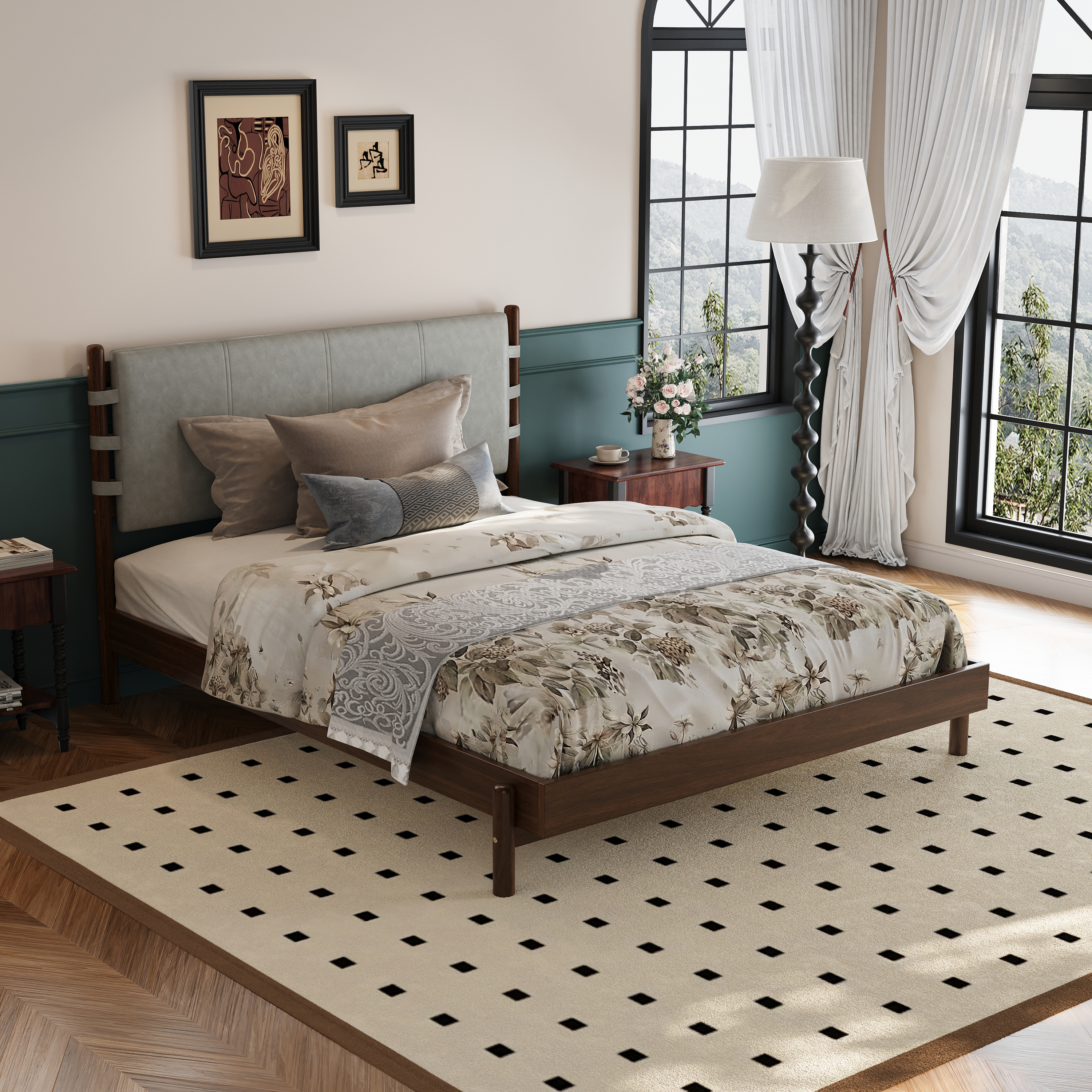 Premium Rubber Wood Platform Bed Frame, Queen Bed Frame With Headboard Included, Mid Century Modern Bed With Walnut Light Grey Color