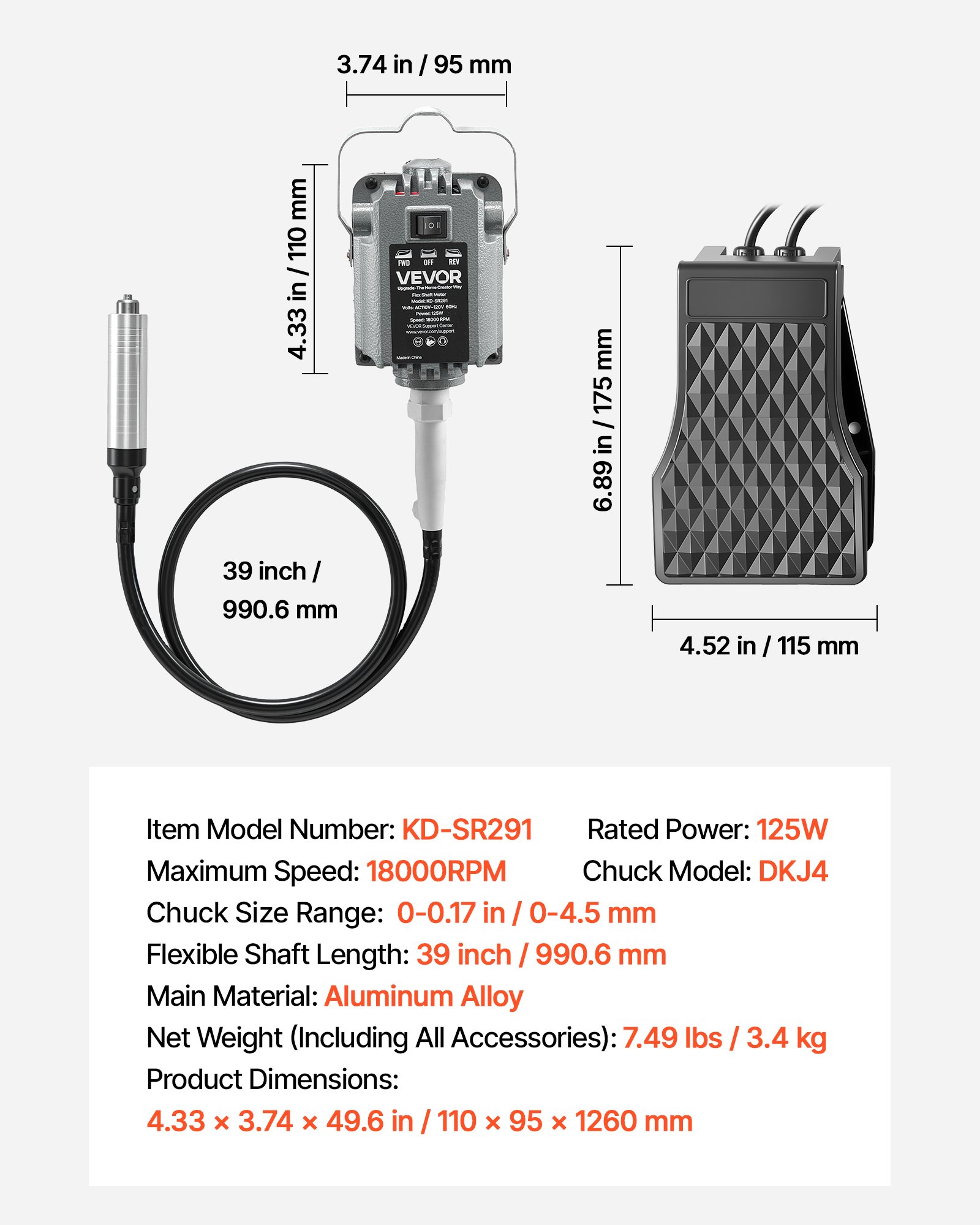 Esmeriladora de eje flexible eléctrica 125W con control de pedal y 112 accesorios