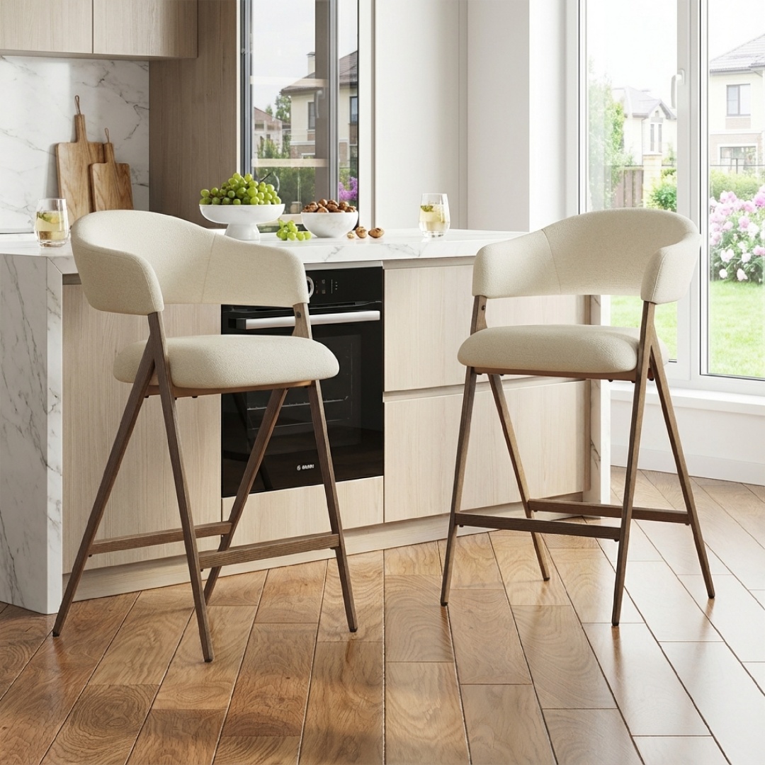 Counter Height Bar Stools With Back Set Of 2, Upholstered Barstools With Metal Legs, Beige