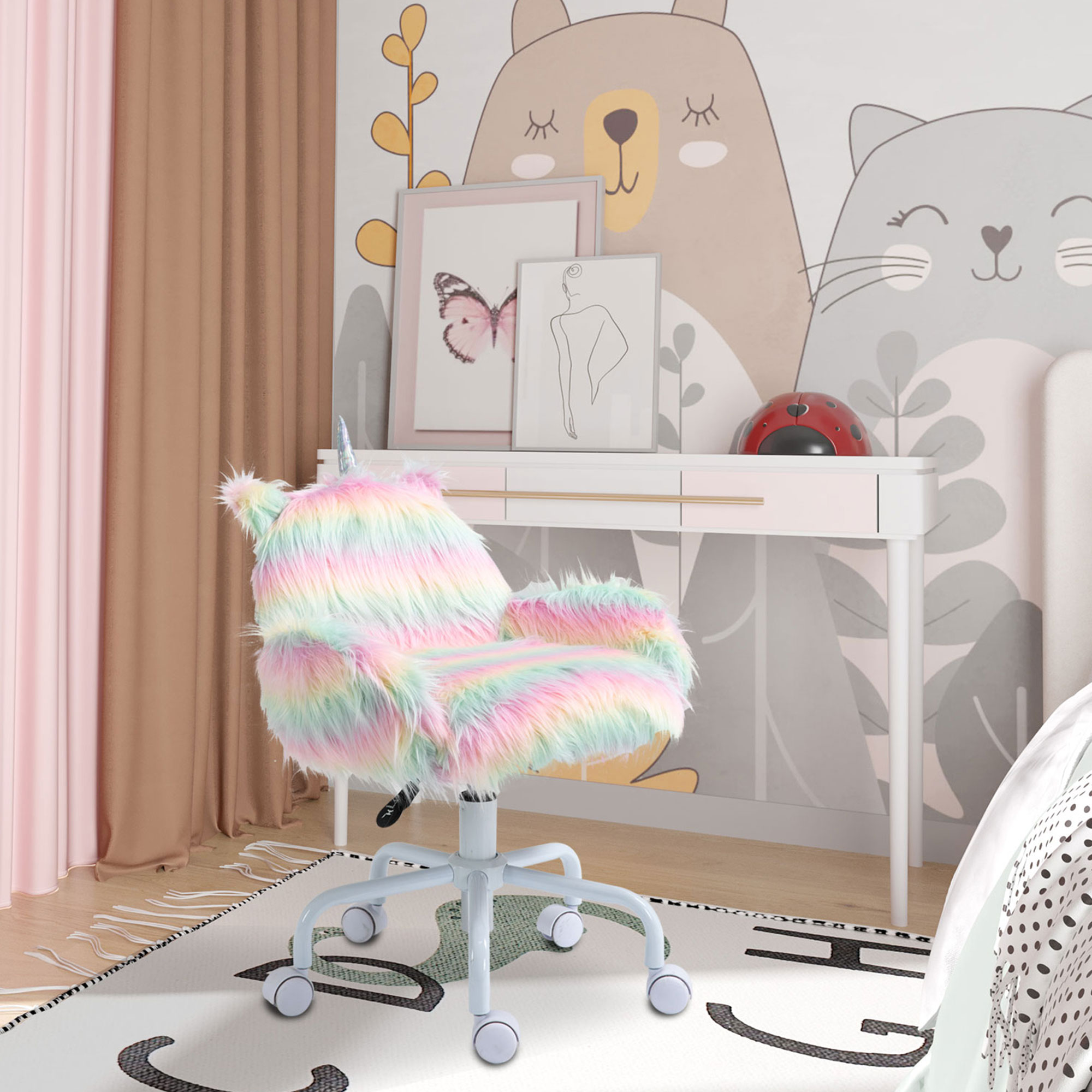 Silla de oficina Unicornio Fluffy, respaldo medio, con brazos, base giratoria