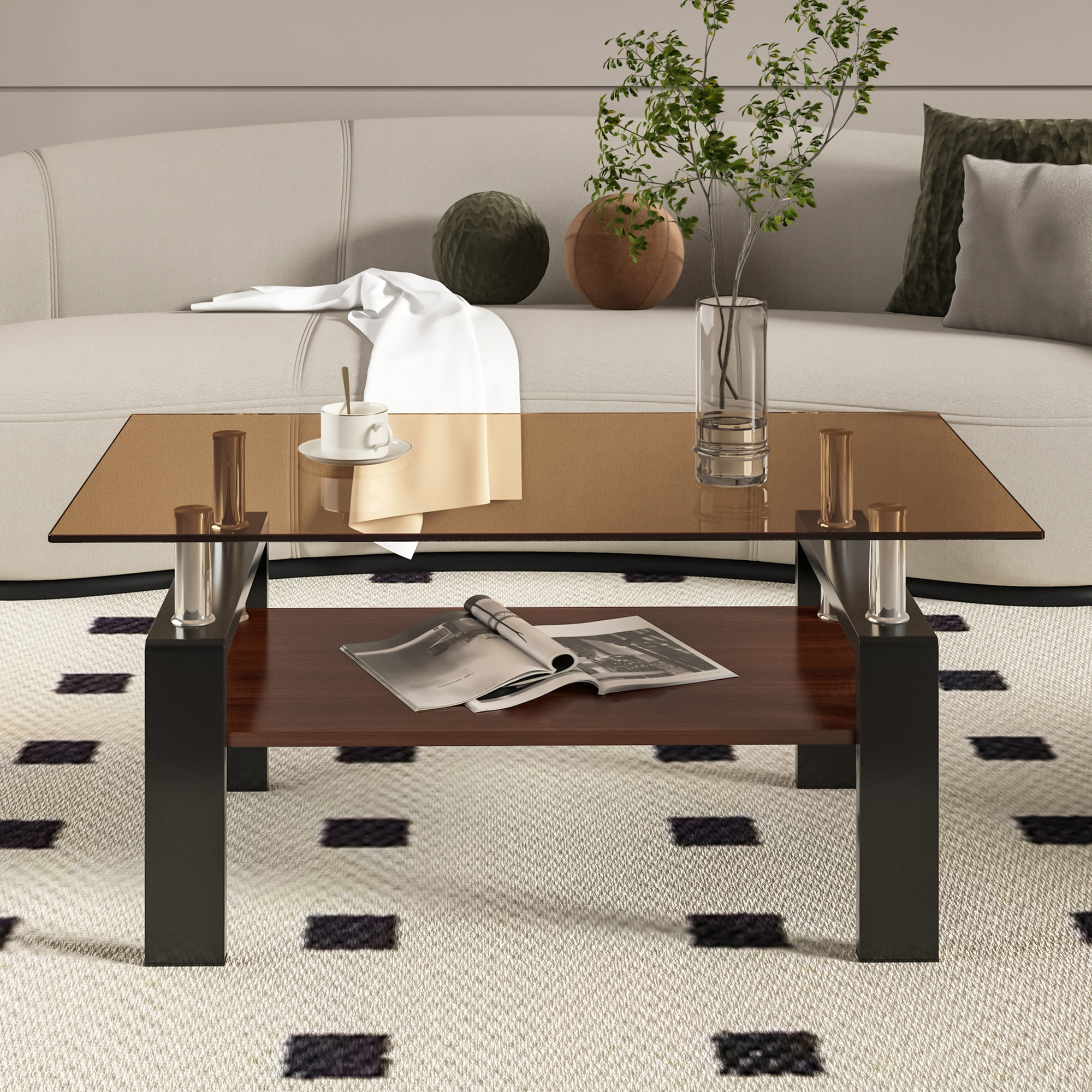 Rectangle Coffee Table, Tempered Glass Tabletop With MDF Layer, Modern Table For Living Room , Brown Glass