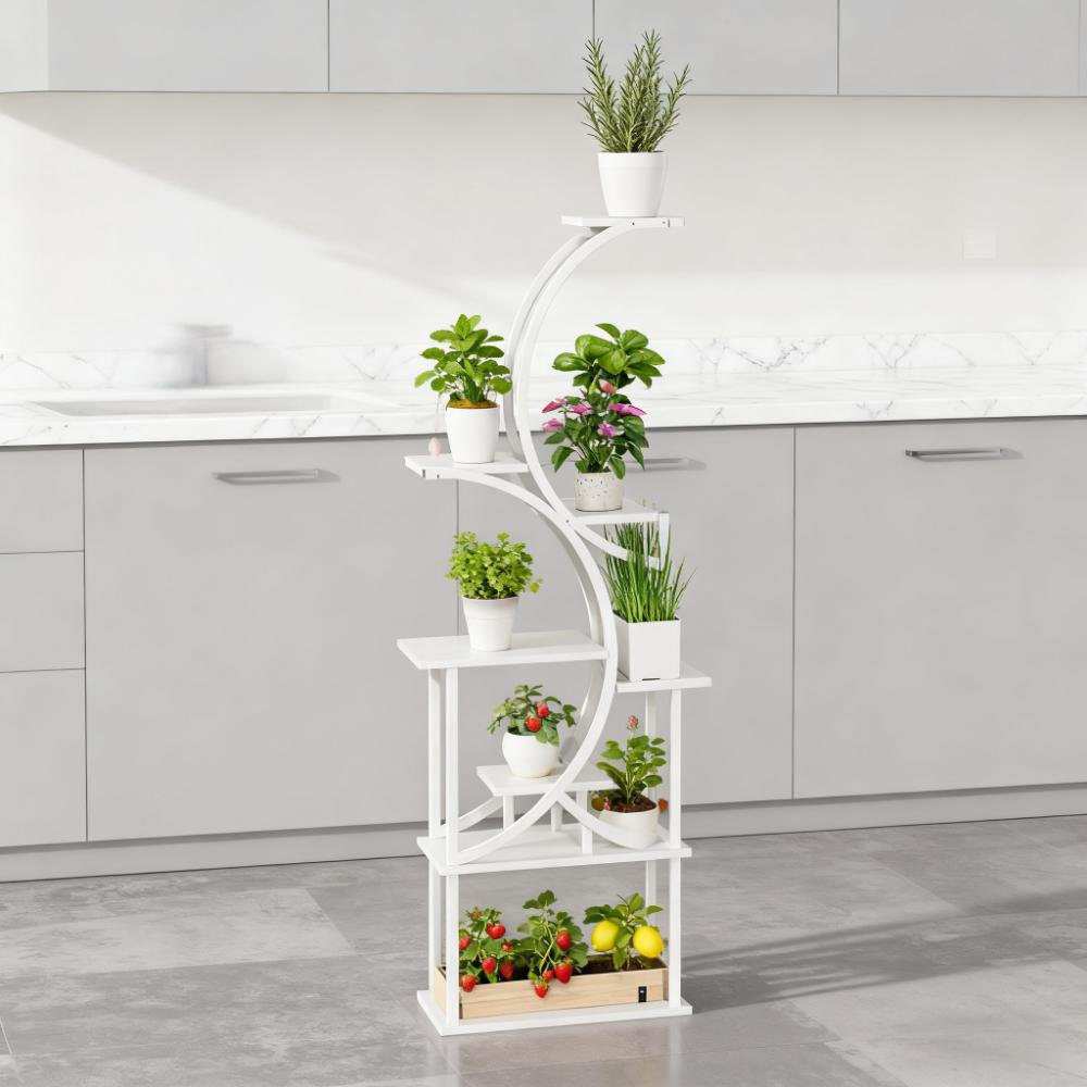 Estante esquinero para plantas en forma de S, 8 niveles, color blanco