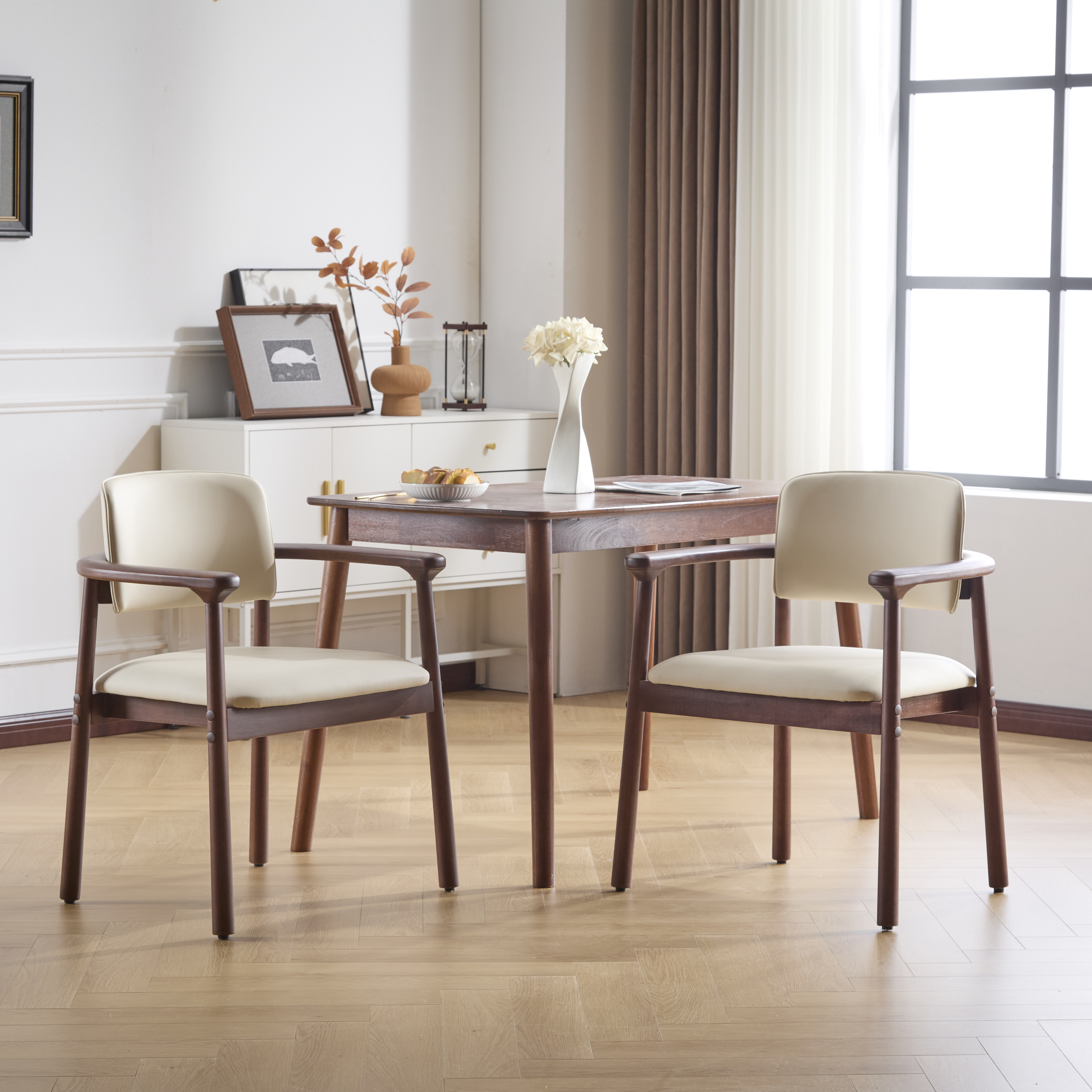 Juego de 2 sillas de comedor de madera de caucho, asiento de espuma PU cómodo
