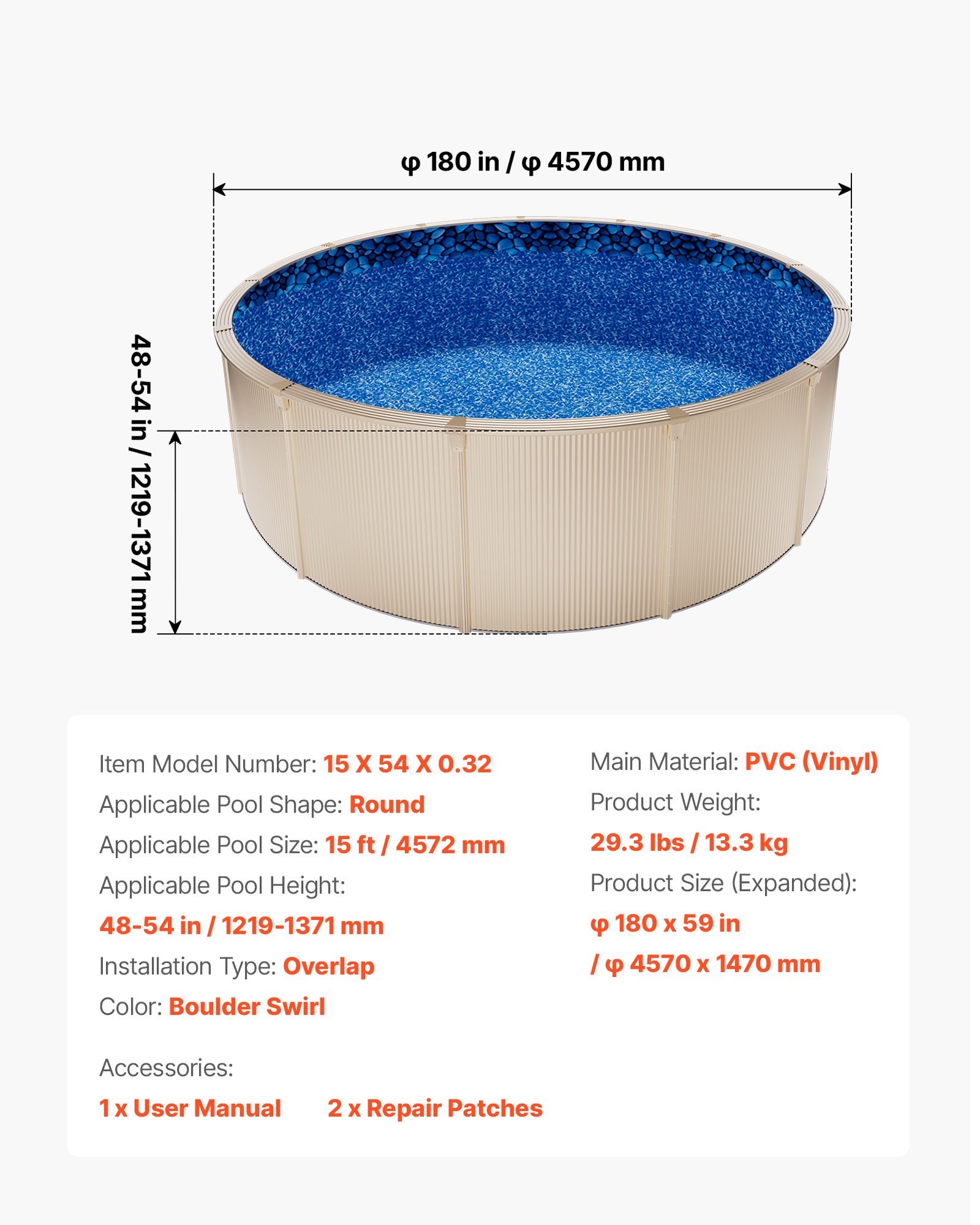 Revestimiento para piscina 15 pies, redondo, 54 pulgadas de altura, vinilo premium