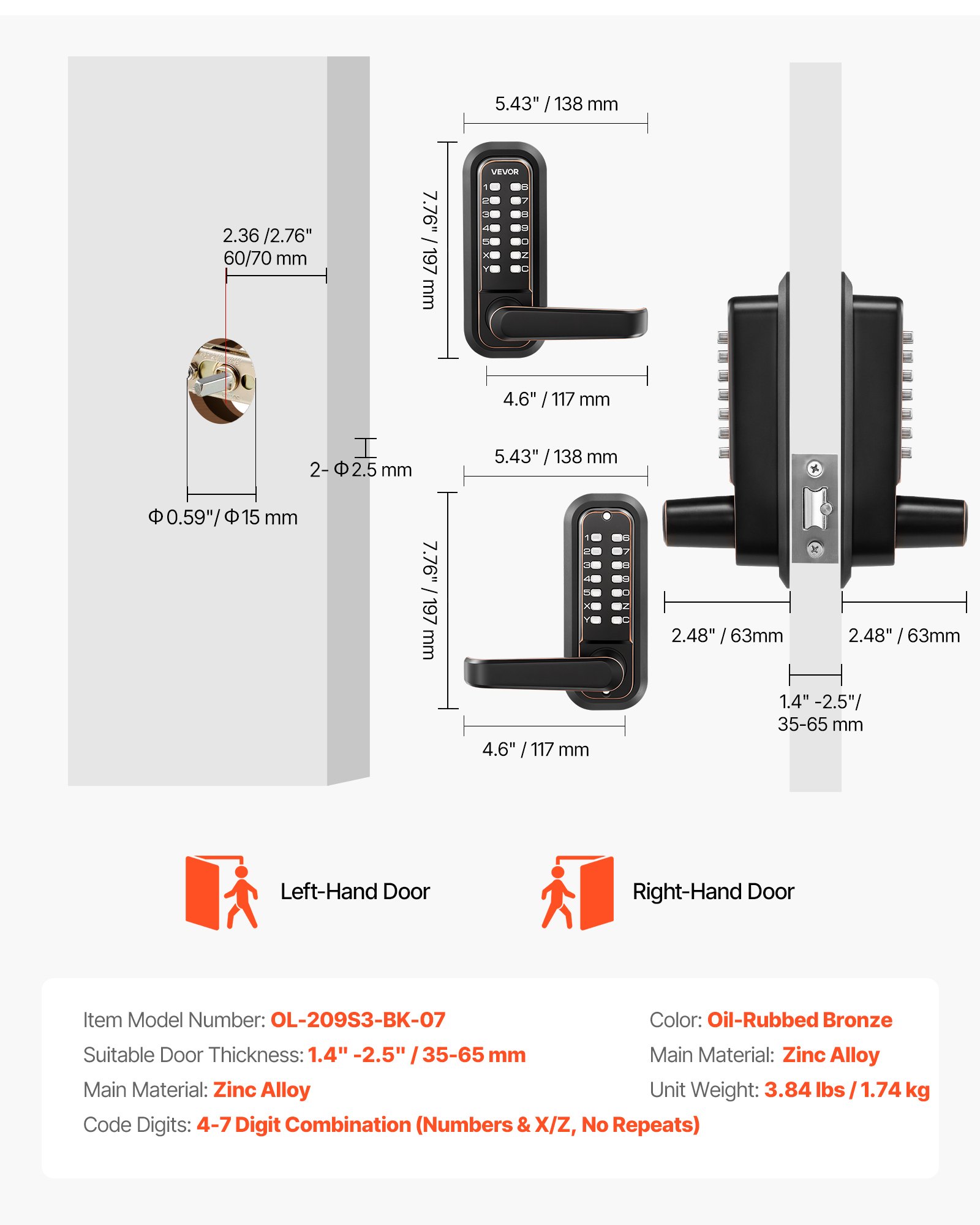 Cerradura mecánica sin llave con teclado, 4-7 dígitos, doble cara, para interior/exterior