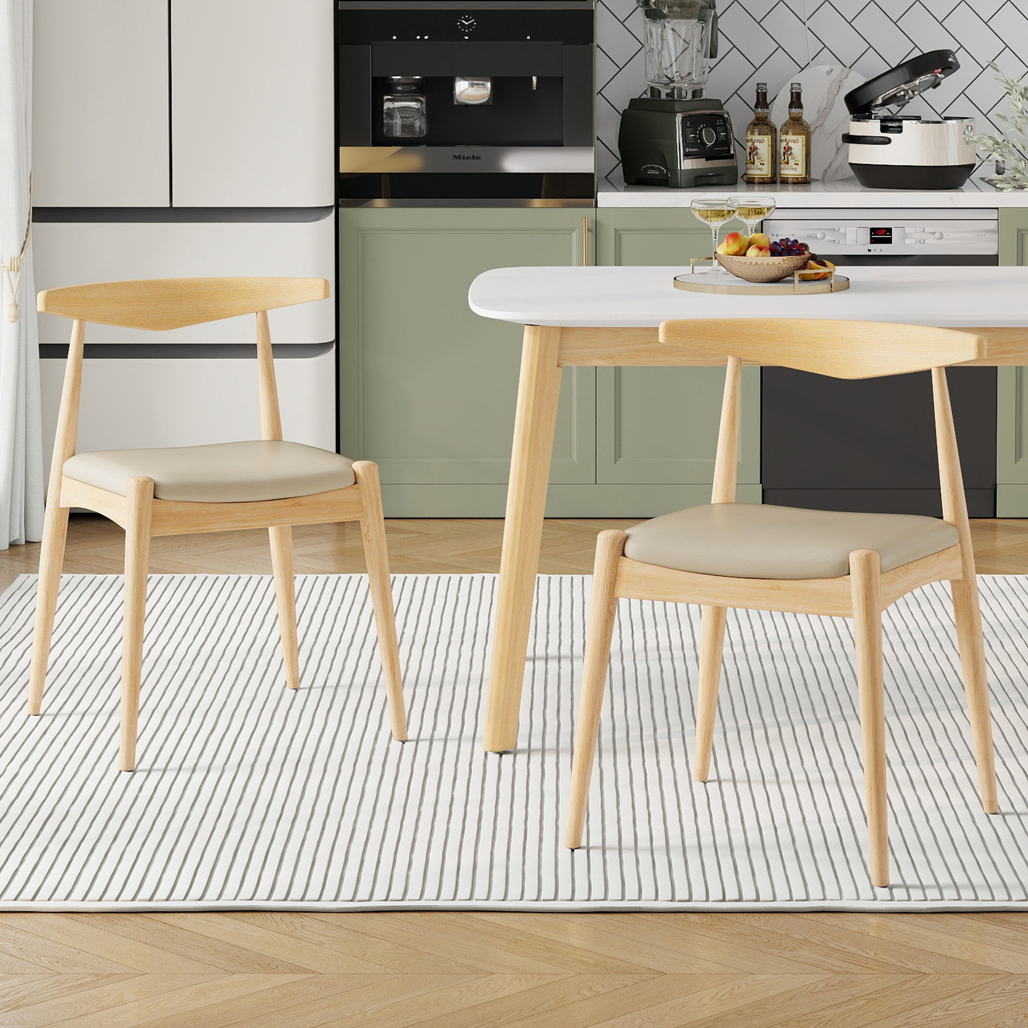 Sillas de comedor, Set de 2, madera de caucho, respaldo ergonómico, piel sintética