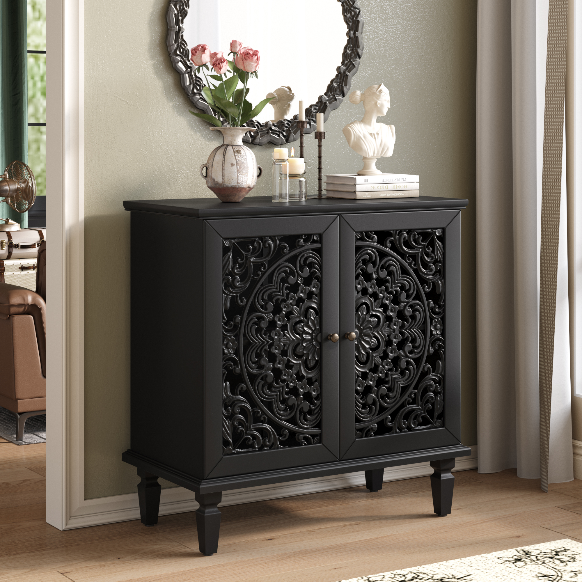 Vintage Hollow-Carved Accent Cabinet, 2-Door Display Storage Sideboard With Symmetrical Floral Design, Adjustable Shelf And Solid Wood Legs For Living Room Entryway Black