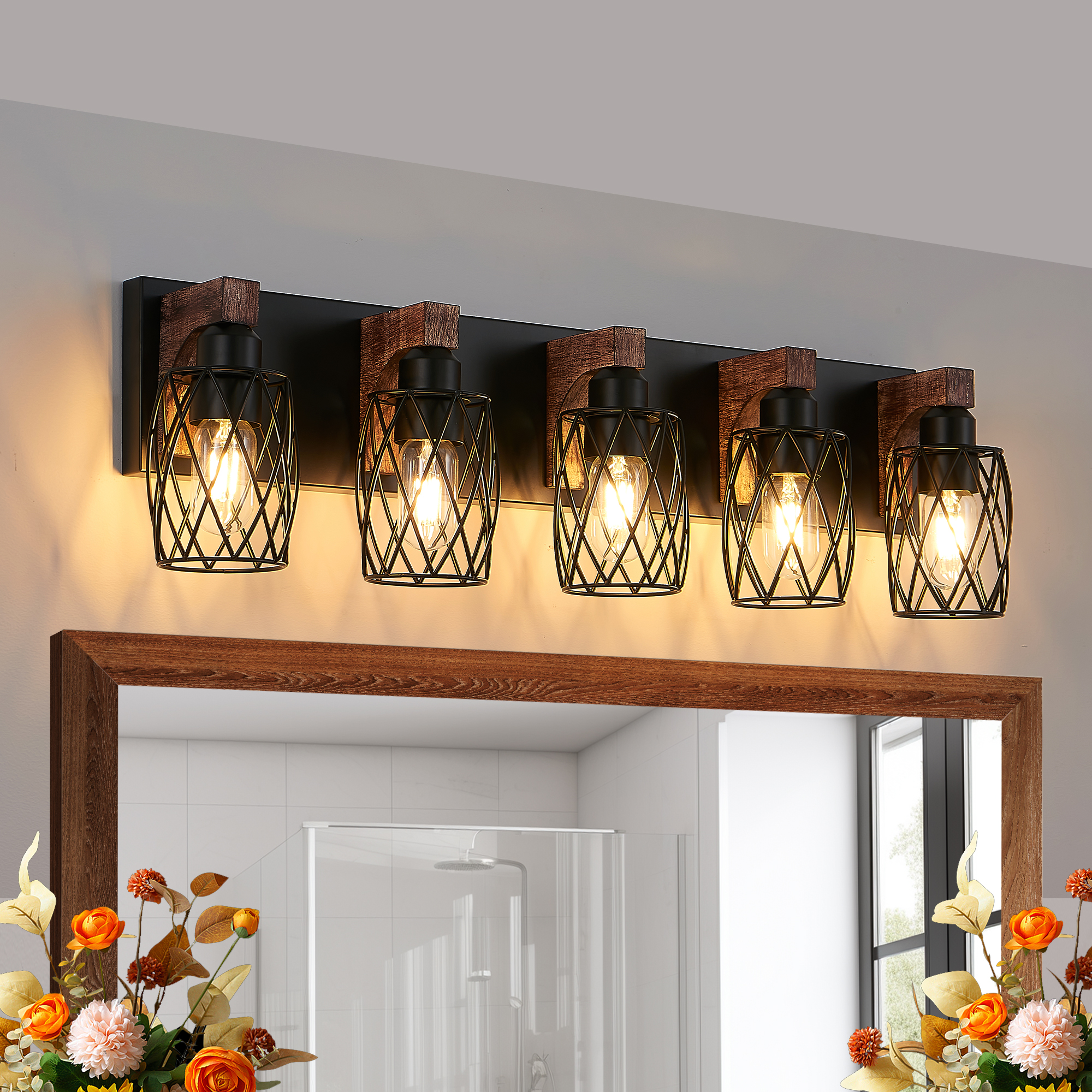 Lámpara de pared vintage industrial de 31 pulgadas, 5 luces, jaula negra