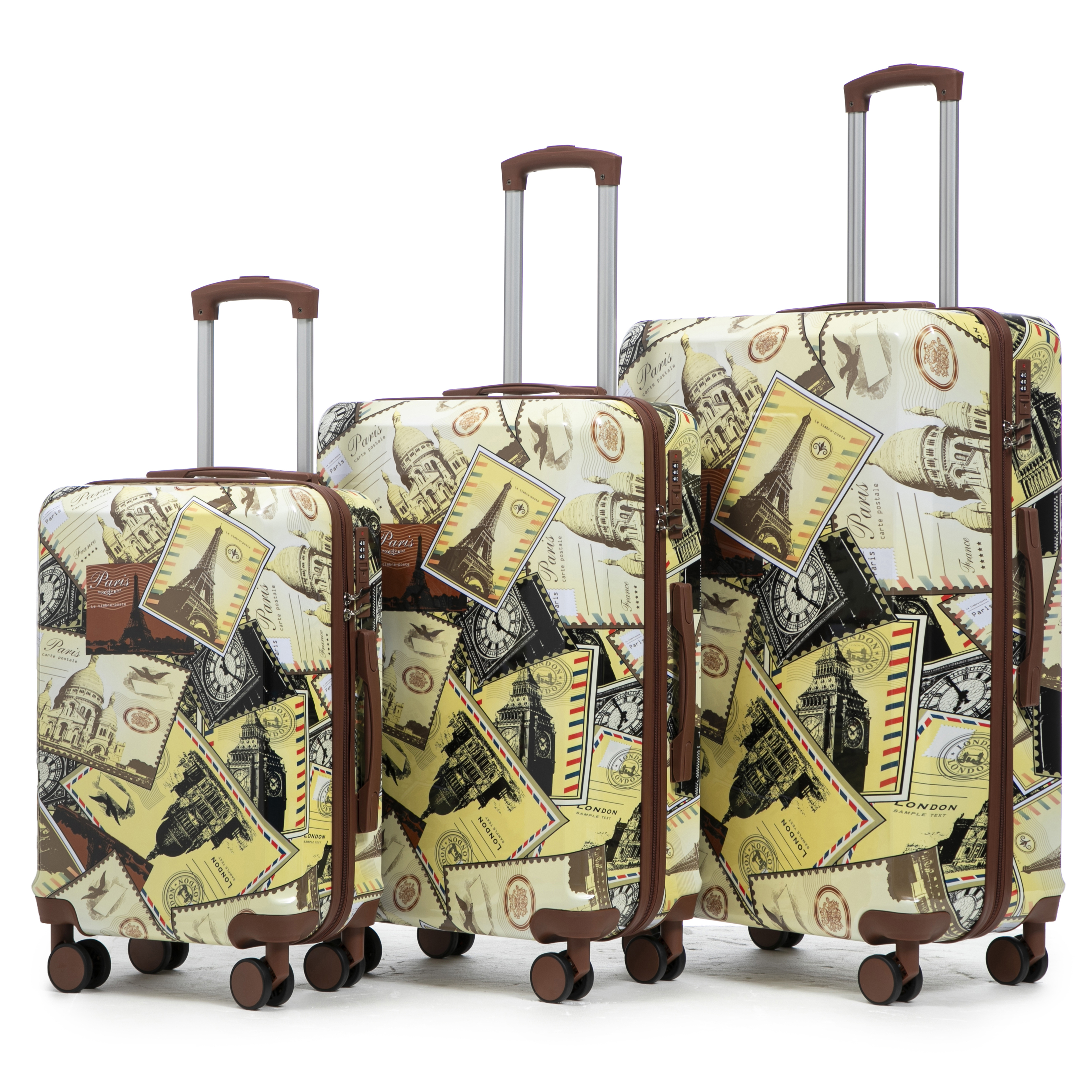 20  24  28  3 Pcs Set In PC Spinner Wheel Luggage, Carry On Suitcase, With Printed Pattern And Combination Lock  City Stamps