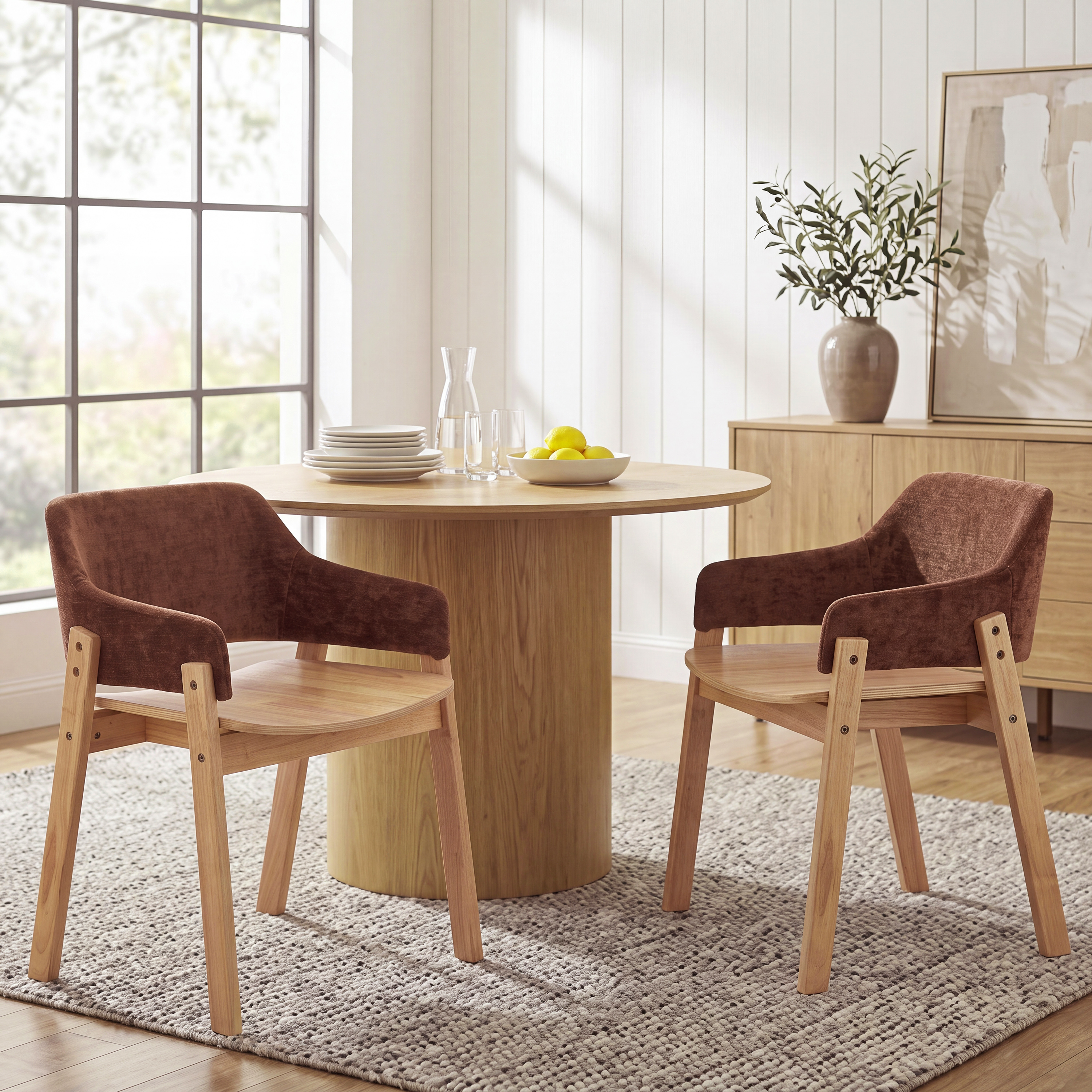 Upholstered Dining Chairs with Armrests, Brown Fabric & Natural Rubber Wood Frame, Set of 2