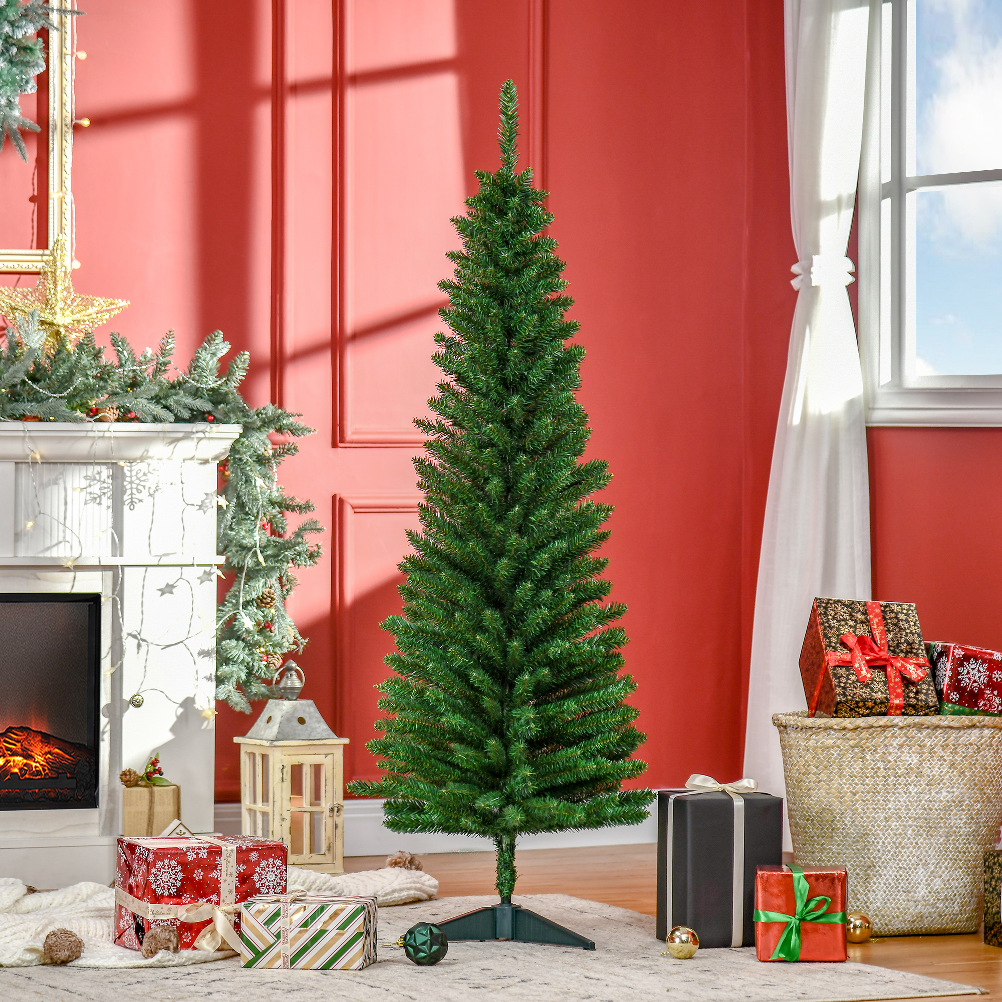 Árbol de Navidad artificial tipo lápiz de 5 pies, delgado, verde