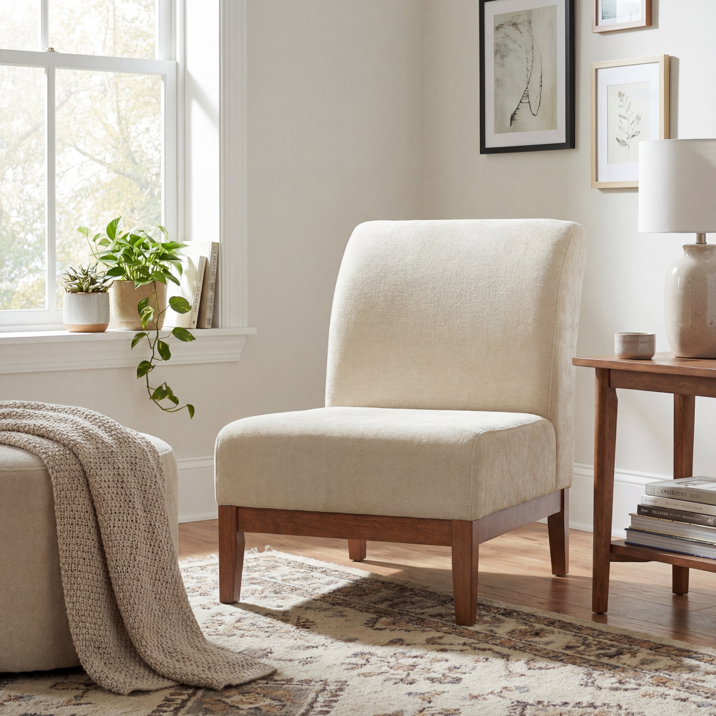 Modern Accent Chair - Beige Fabric Upholstered Accent Chair With Walnut Color Frame, 300lbs Capacity For Living Room, Bedroom & Entryway