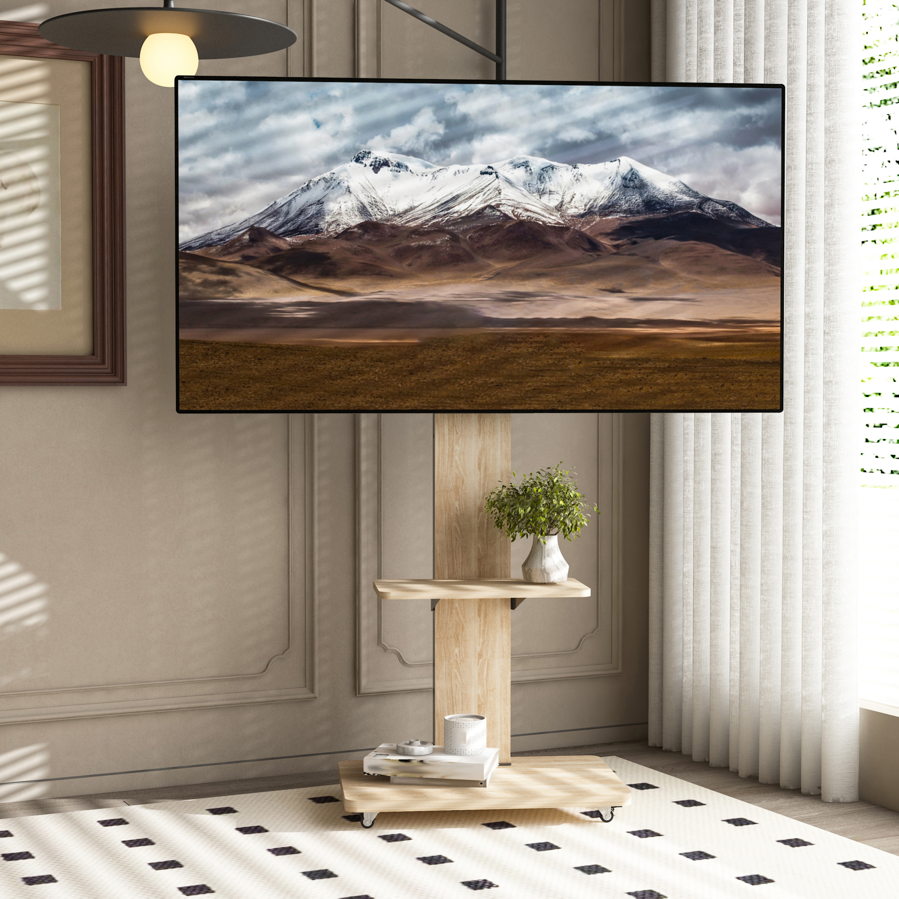 Soporte de TV móvil con estante y ruedas para pantallas de 32-75 pulgadas, natural