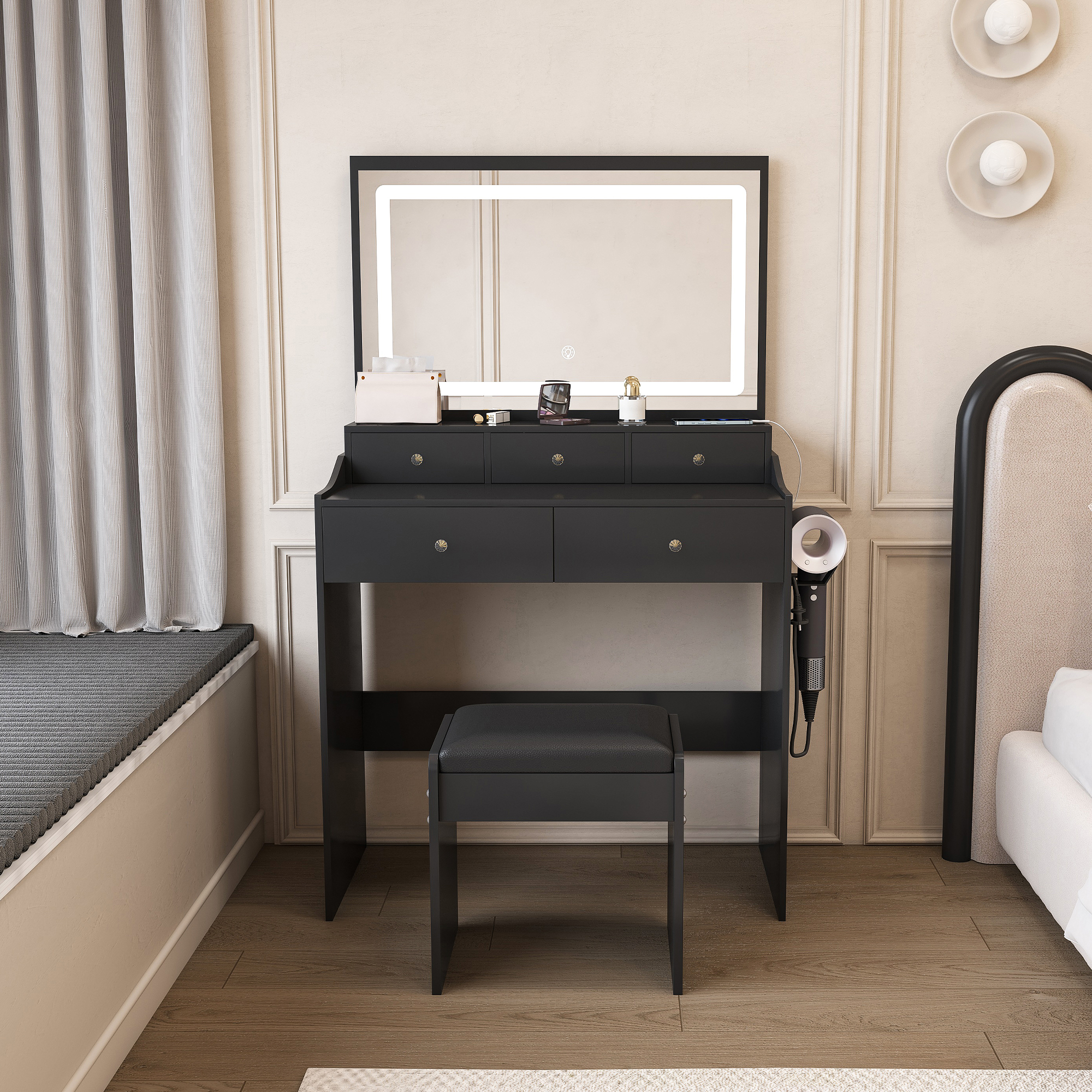 New Large Mirror Vanity Desk For Bed Room  , Modern Makeup Vanity Set With Power Outlet And Hair Dryer Holder, 5 Drawers , 3 Lighting Color Adjustable Dressing Table For Bedroom, Black Color