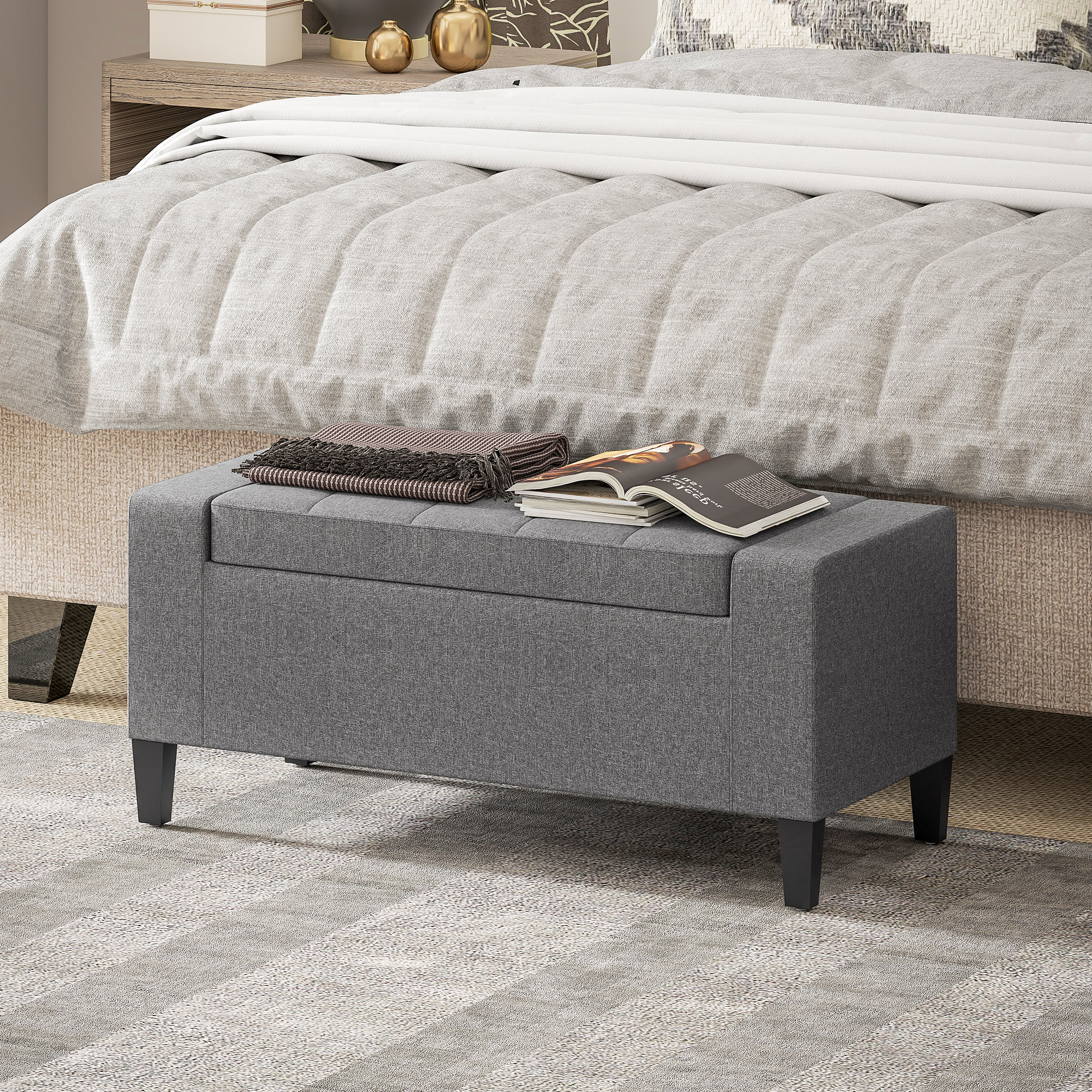 36" Ottoman with Storage, Storage Ottoman Bench with Lift Top and Rubberwood Legs, Linen Upholstered Entryway Bench with Seating for Living Room, Bedroom, Holds up to 330 lb, Gray