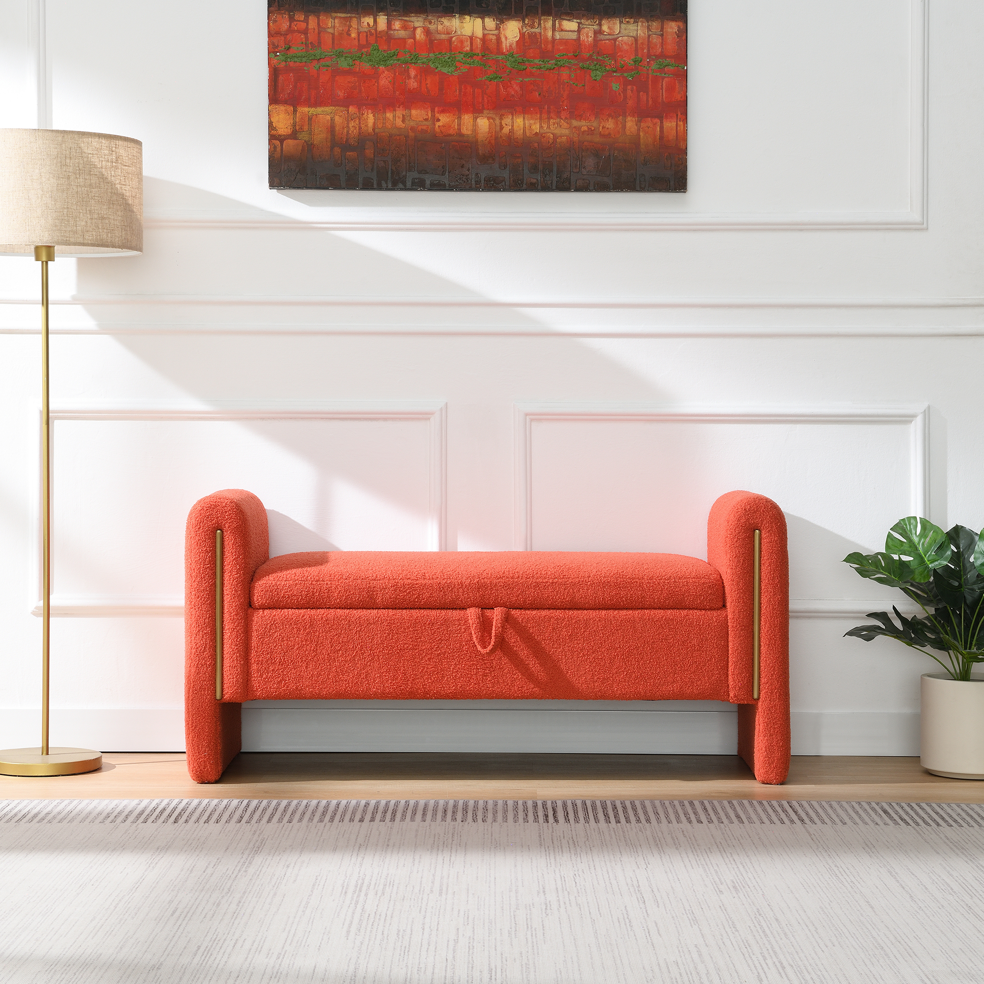 Modern Teddy Bed End Bench With Arms And Storage,Upholstered Large Foot Rest Stool, Comfy Window Vanity Bench For Living Room,Bedroom,Dorm,Coffee Table,Teddy Orange
