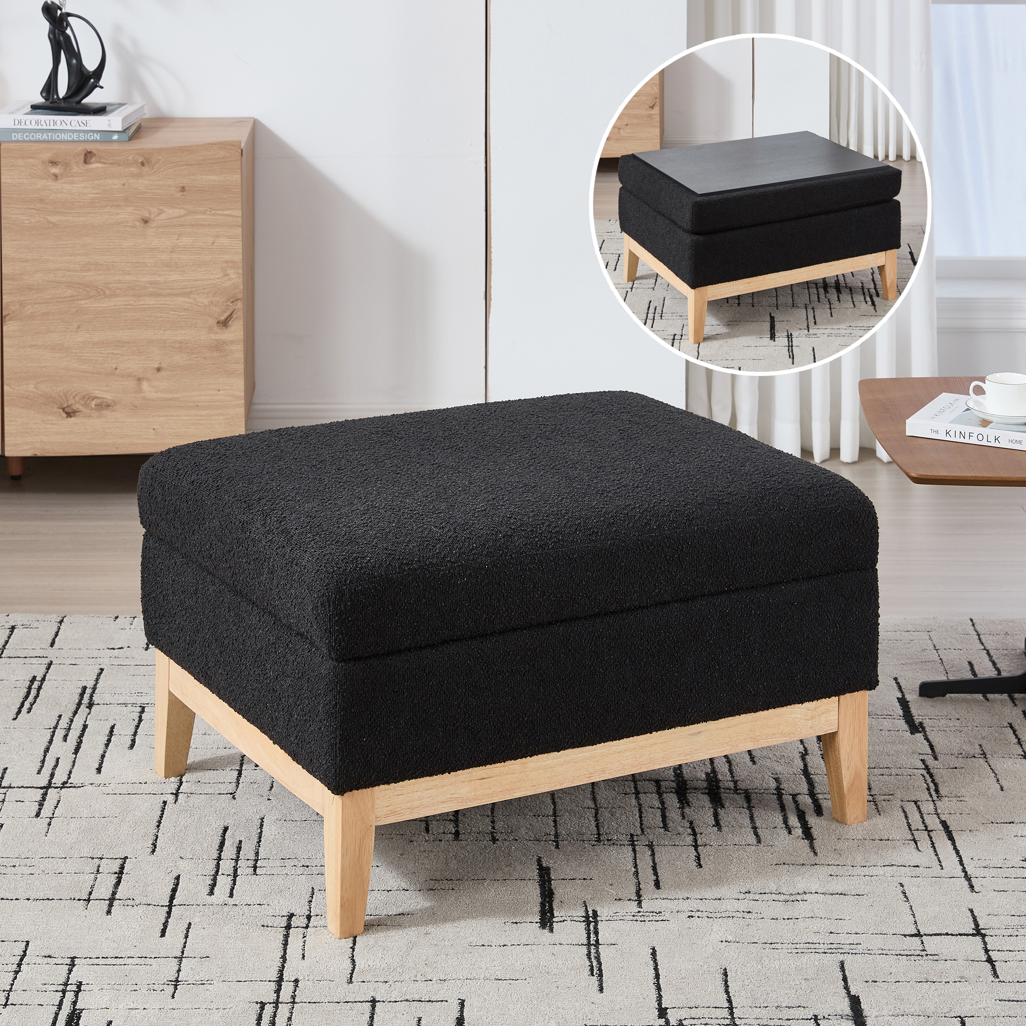 33.86 W Upholstered Wood Base Storage Ottoman With Reversible Lid Coffee Table, Foot Stool Square Footrest With Rubberwood Legs For Living Room Bedroom Entryway And Office,Black Boucle.