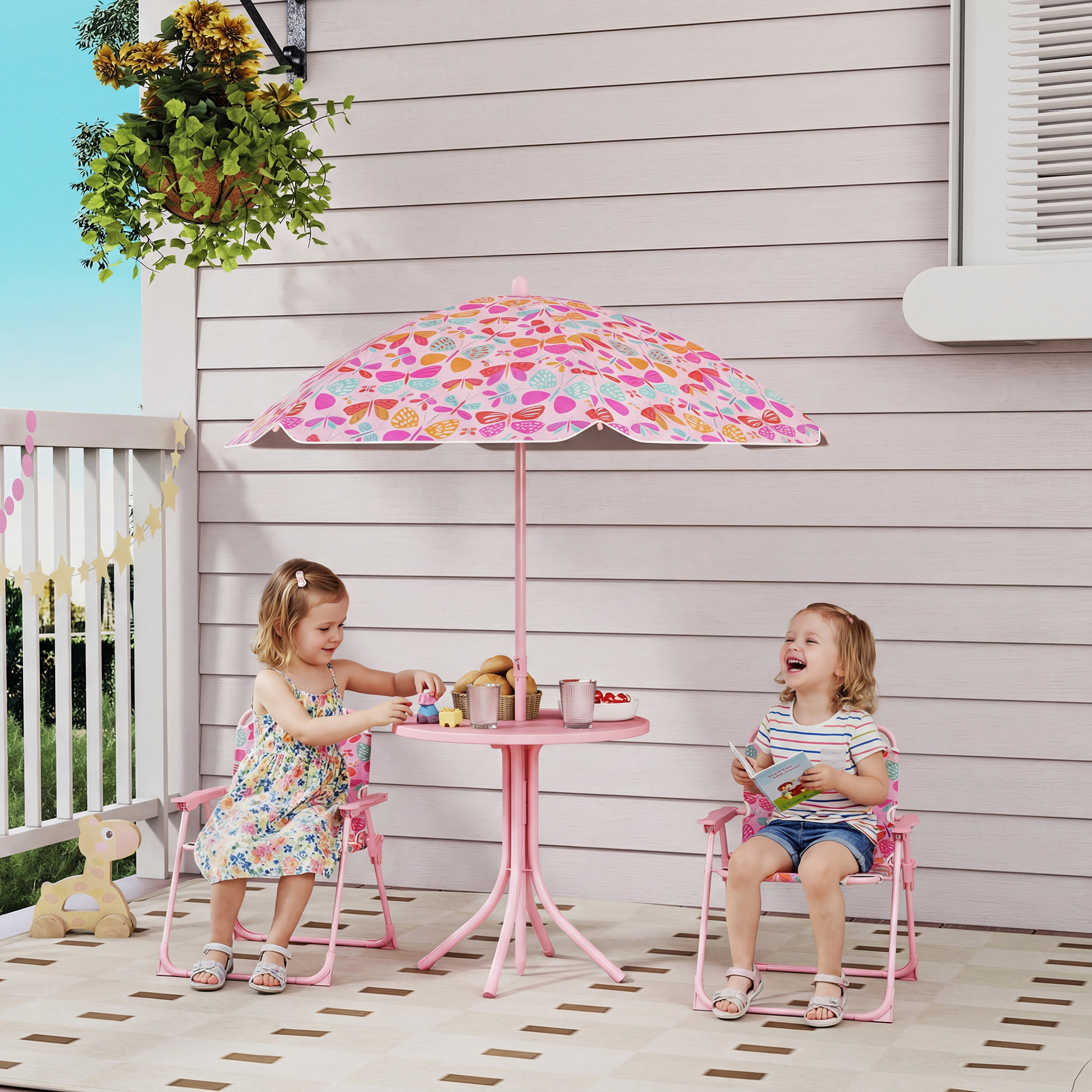 Mesa de picnic para niños con sillas plegables y sombrilla, rosa