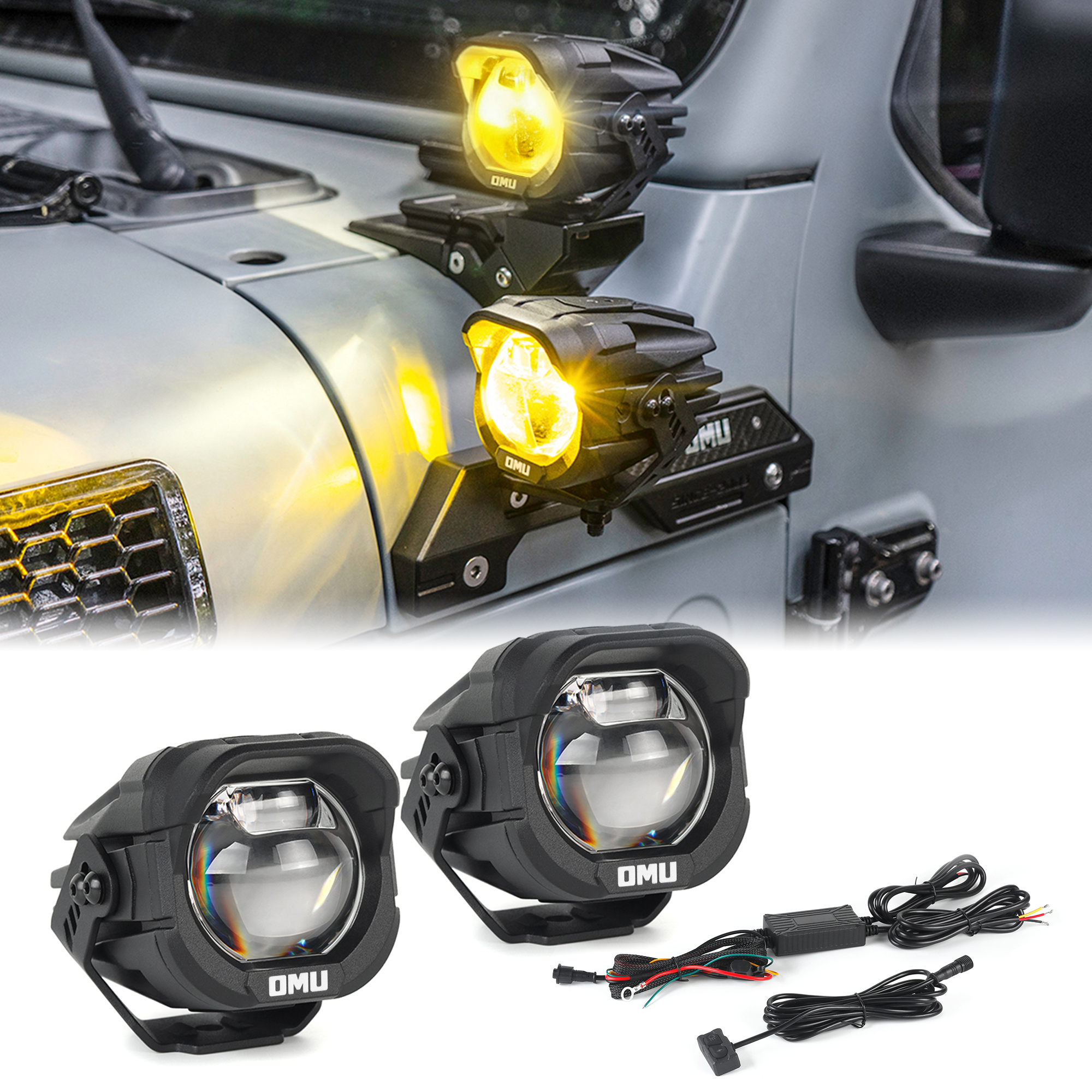 OMU Genesis Series Aluminum Yellow Color High Low Beam Switchable A-Pillar Spotlight Compatible With Trucks  Ford Etc ATV Motorcycle