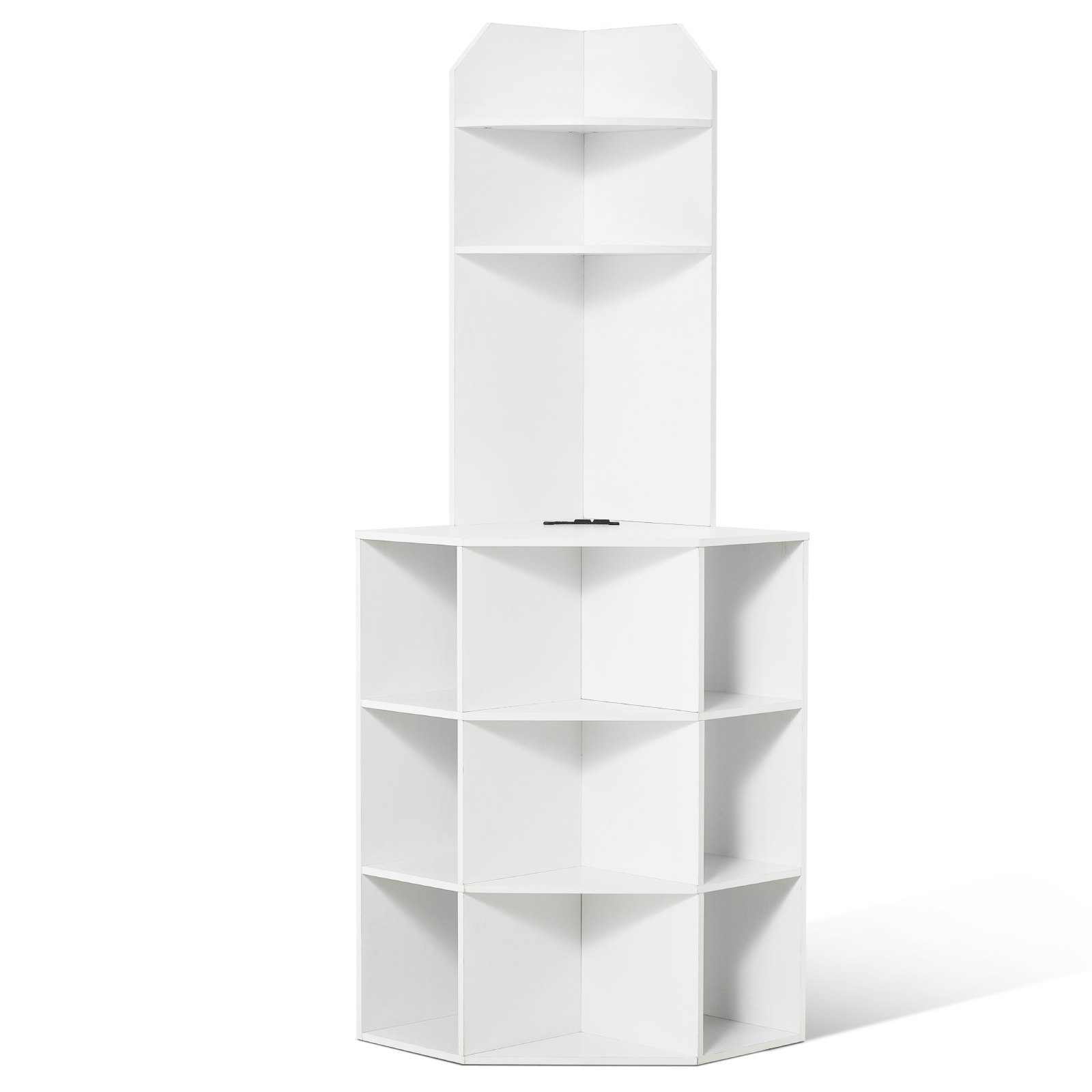 Gabinete esquinero de almacenamiento 64 pulgadas alto, 6 niveles, USB, estantes, blanco
