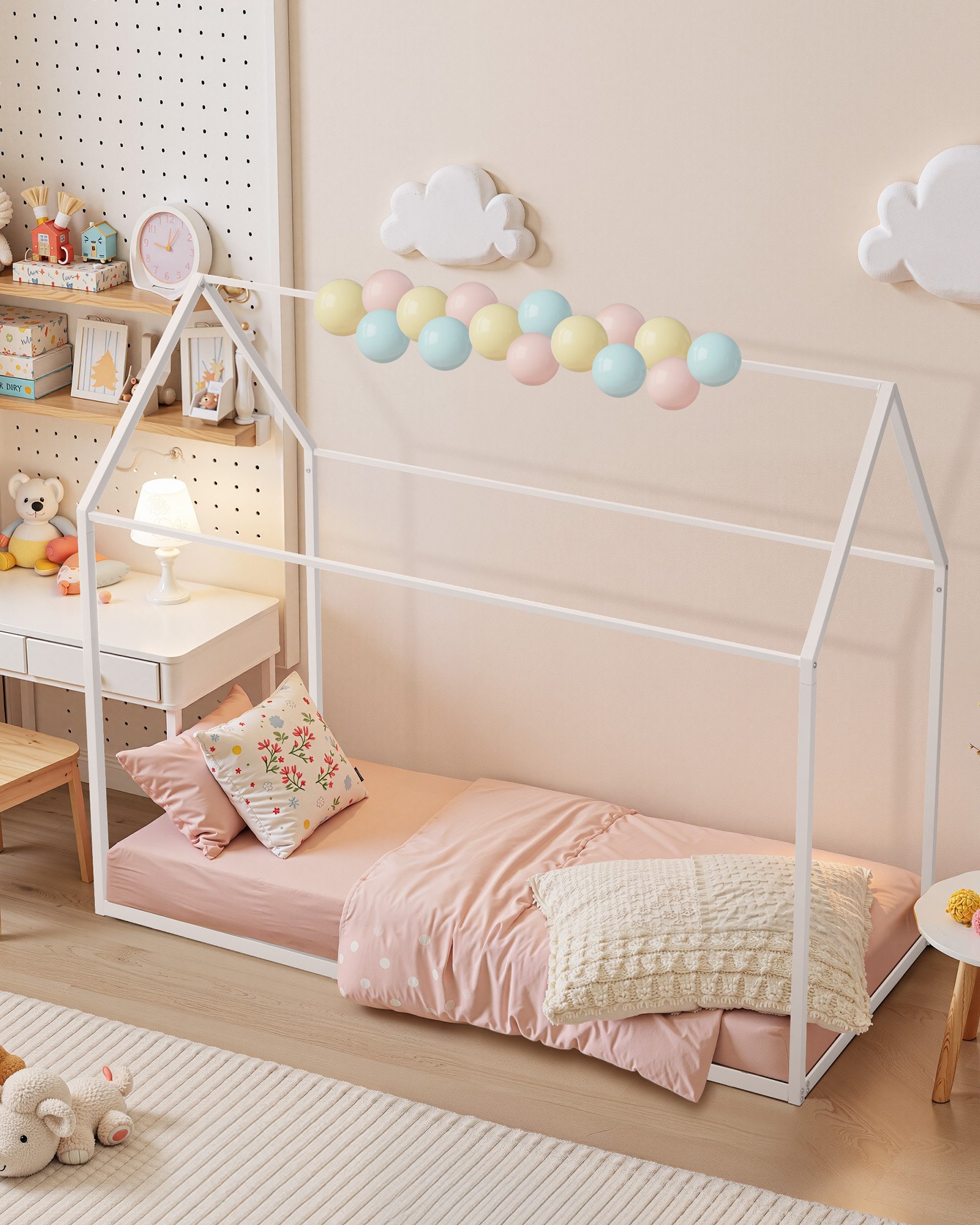 Twin Size House Bed Frame, Metal Kids Floor Bed Frame With Roof, Heavy Duty Steel Slats Support, House Shape Bedframe For Girls And Boys, No Box Spring Needed, Easy Assembly, White