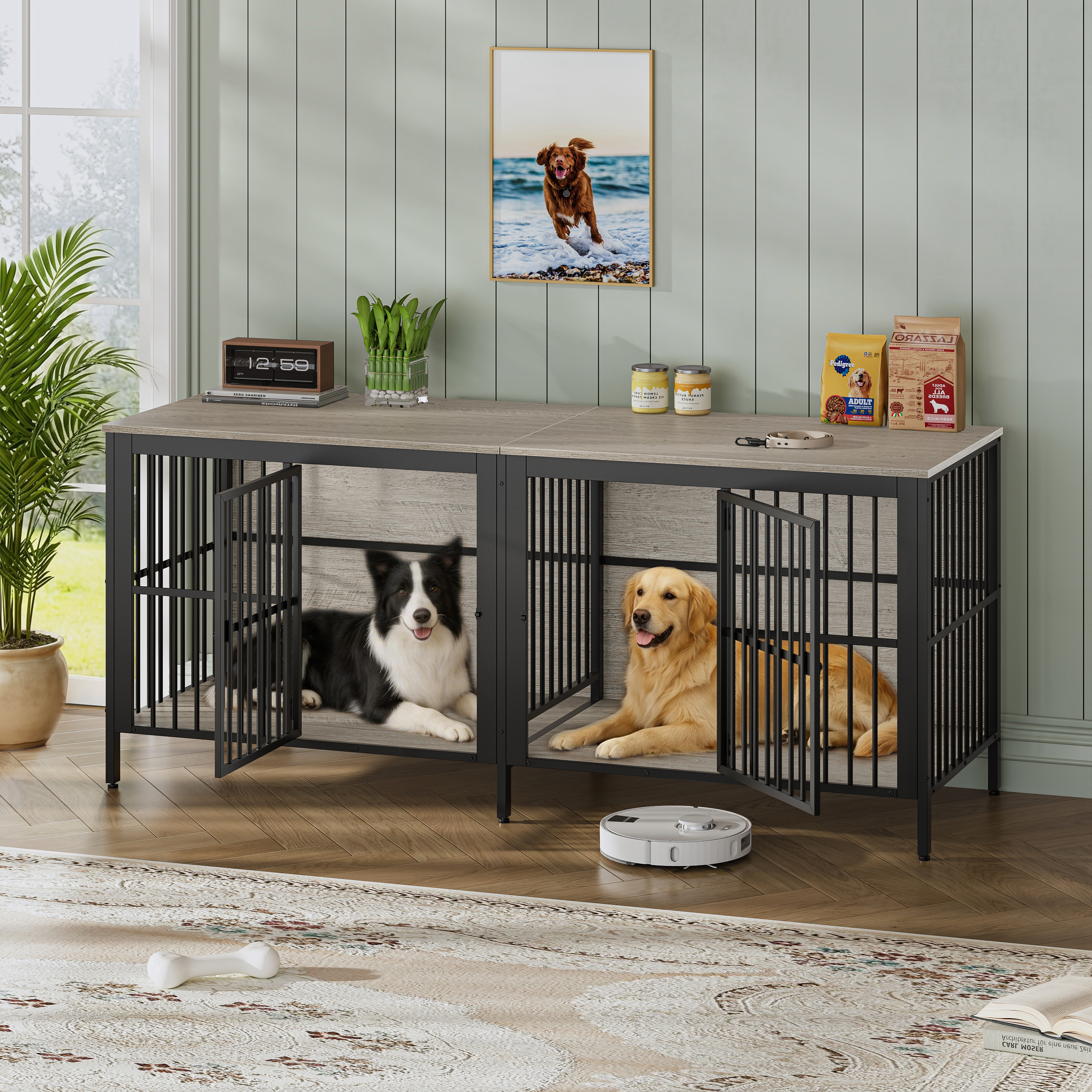 80  Dog Crate End Table, Heavy Duty 2-Door Indoor Pet Kennel, Multipurpose Dog House Furniture As TV Stand Or Side Table For Living Room, Large & Medium Dogs, Grey.