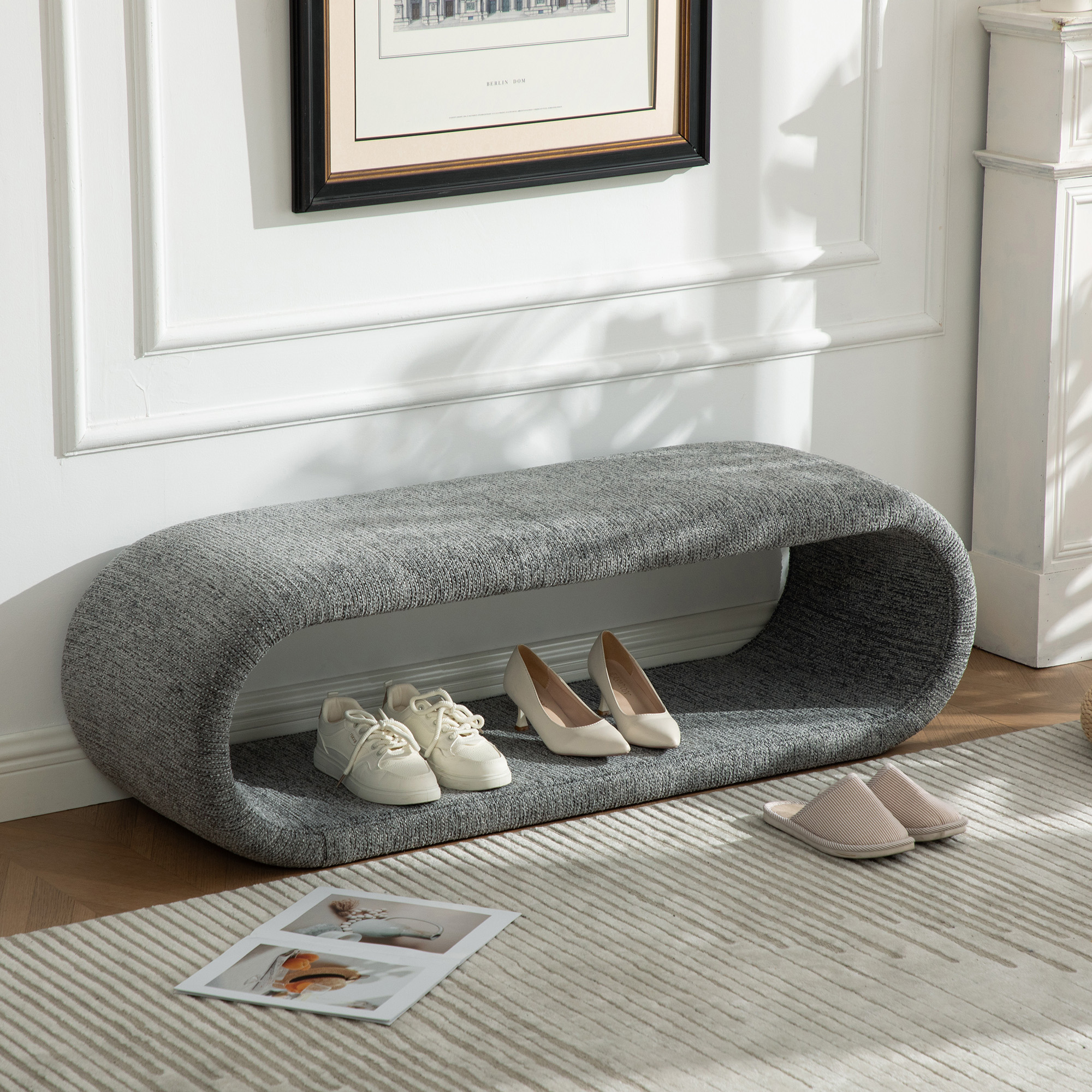 52.17 Wide Chenille Upholstered Bench For Bedroom End Of Bed,Modern Shoe Bench For Entryway,equipped With An Iron Frame,Dining Room, Living Room,Bedroom,Gray