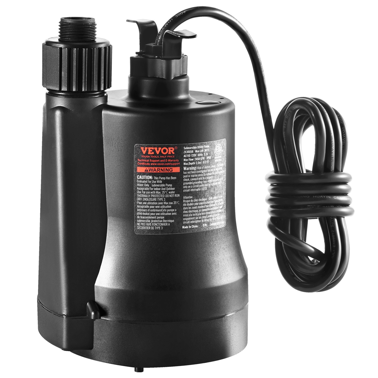 Utility Pump, 1/3 HP, 2450 GPH High Flow, 30 Ft Head, Sump Pump Submersible Water Pump Portable Utility Pump With 10 Ft Long Power Cord For Draining Water From Swimming Pool Garden Pond Basement