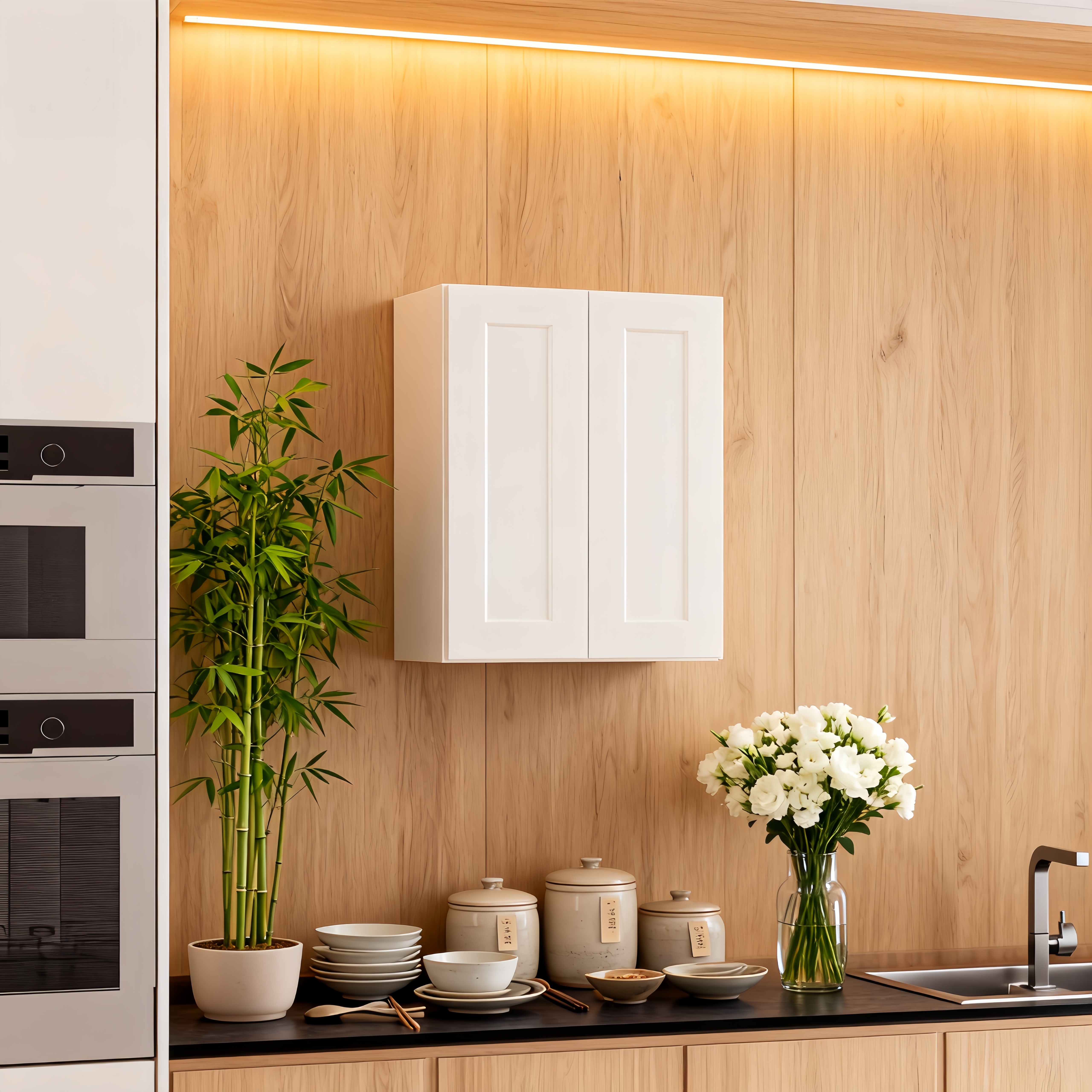 Gabinete de pared Shaker blanco de madera sólida, 24 pulgadas, puertas cierre suave