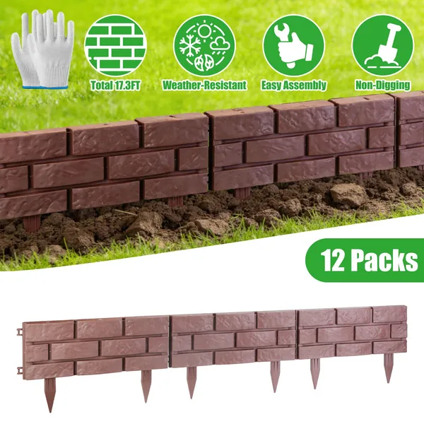 12PCS Stone Effect Garden Edging Flexible Landscape Border Fence PP Weather Resistant Decorative Lawn Pathway Flower Bed Edging With Gloves