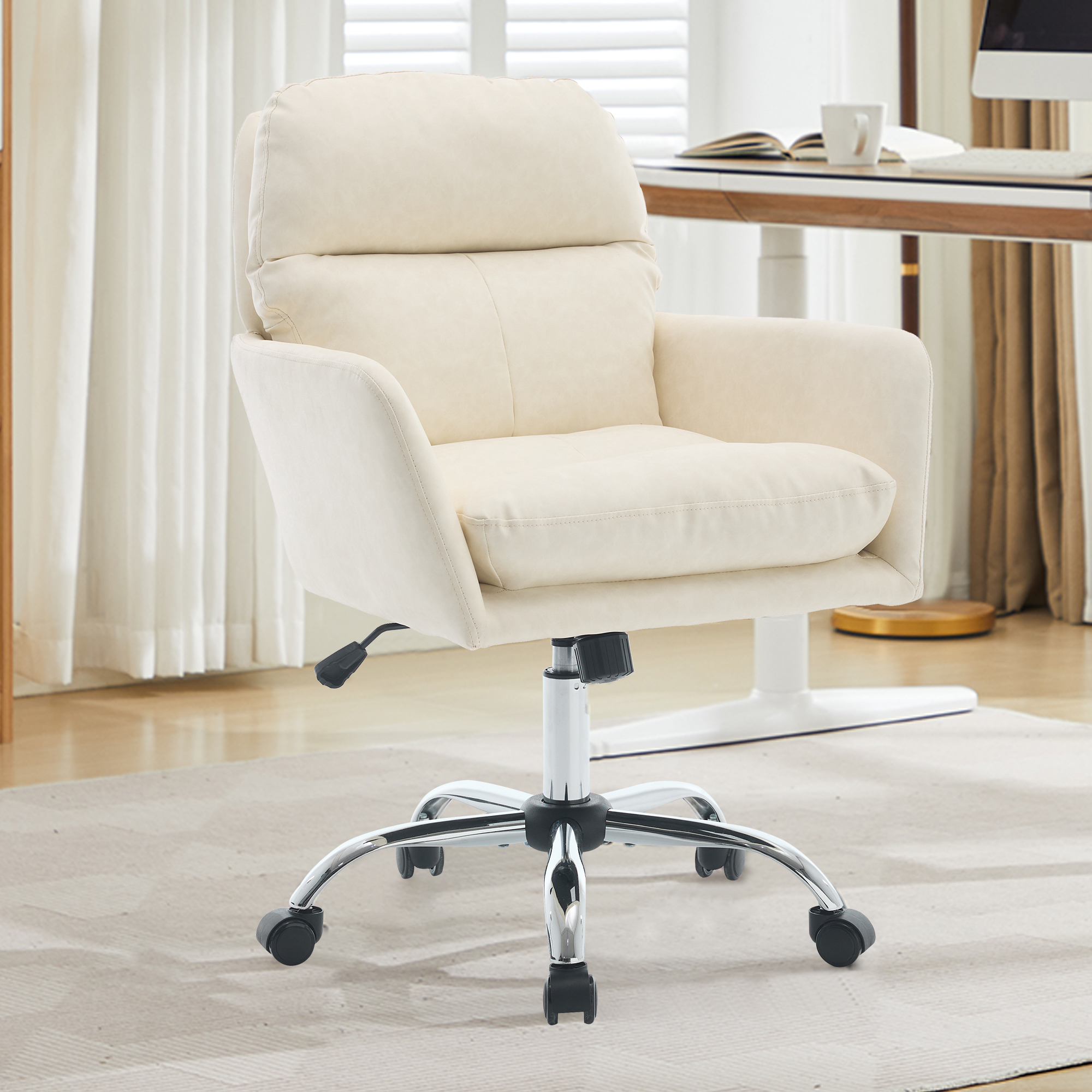 Silla de oficina de cuero artificial (PU) con base negra y altura ajustable, blanca