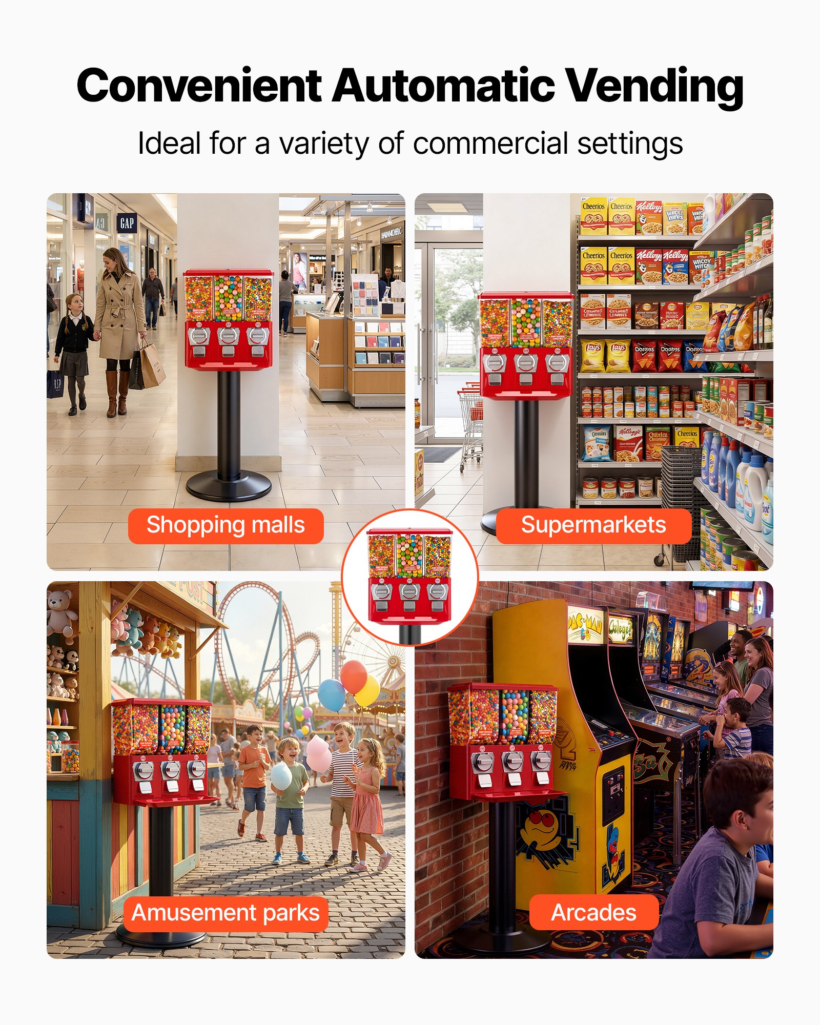 Candy Vending Machine, Triple Compartment Candy Vending Machine With Stand, Gumball & Candies Vendings Machines With Built-In Cash Box, Detachable, Vintage Candies Dispenser For Shops, Arcades